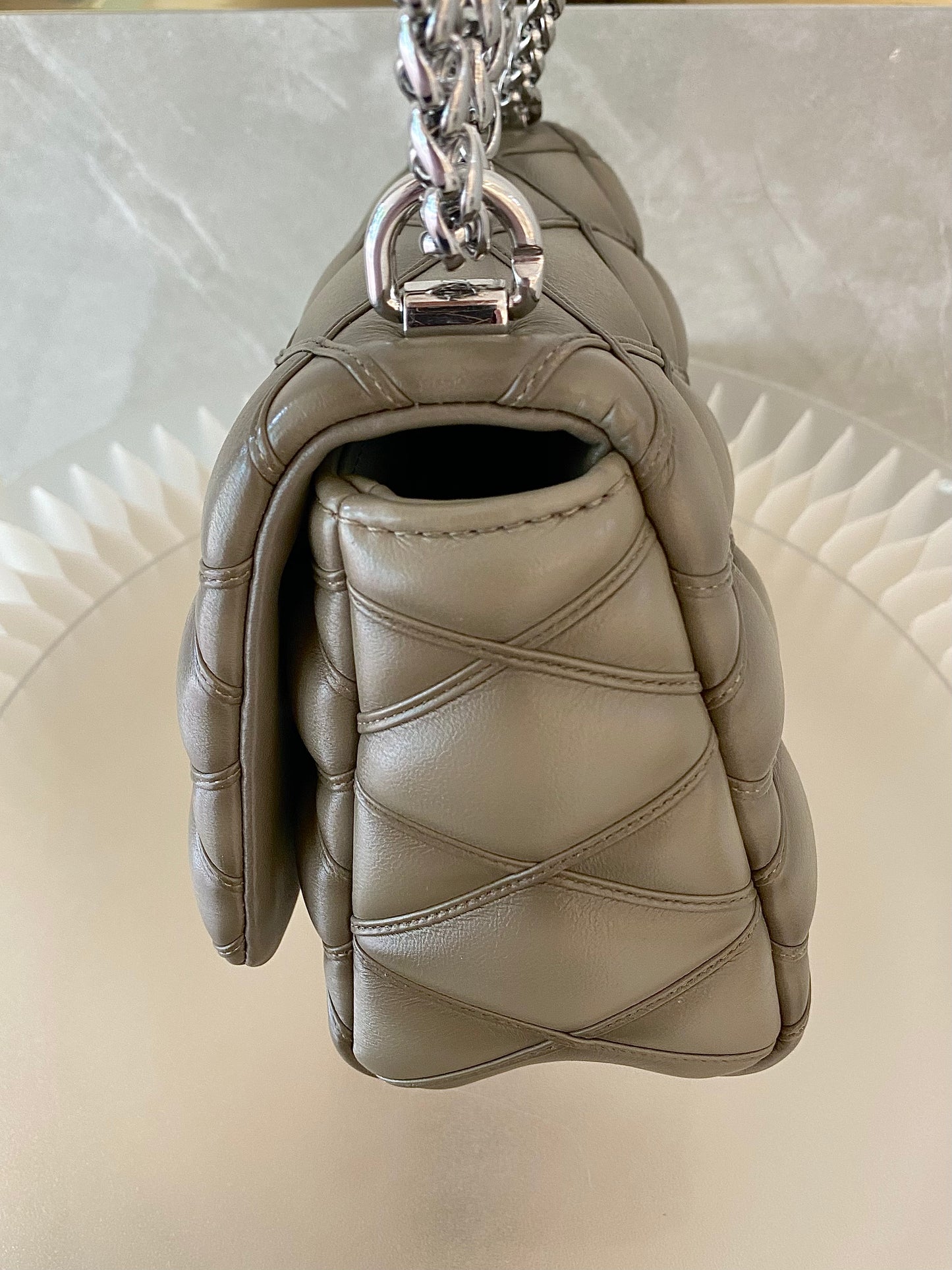 Louis Vuitton GO-14 MM Malletage Quilted Lambskin In a Taupe or Greenish-Grey
