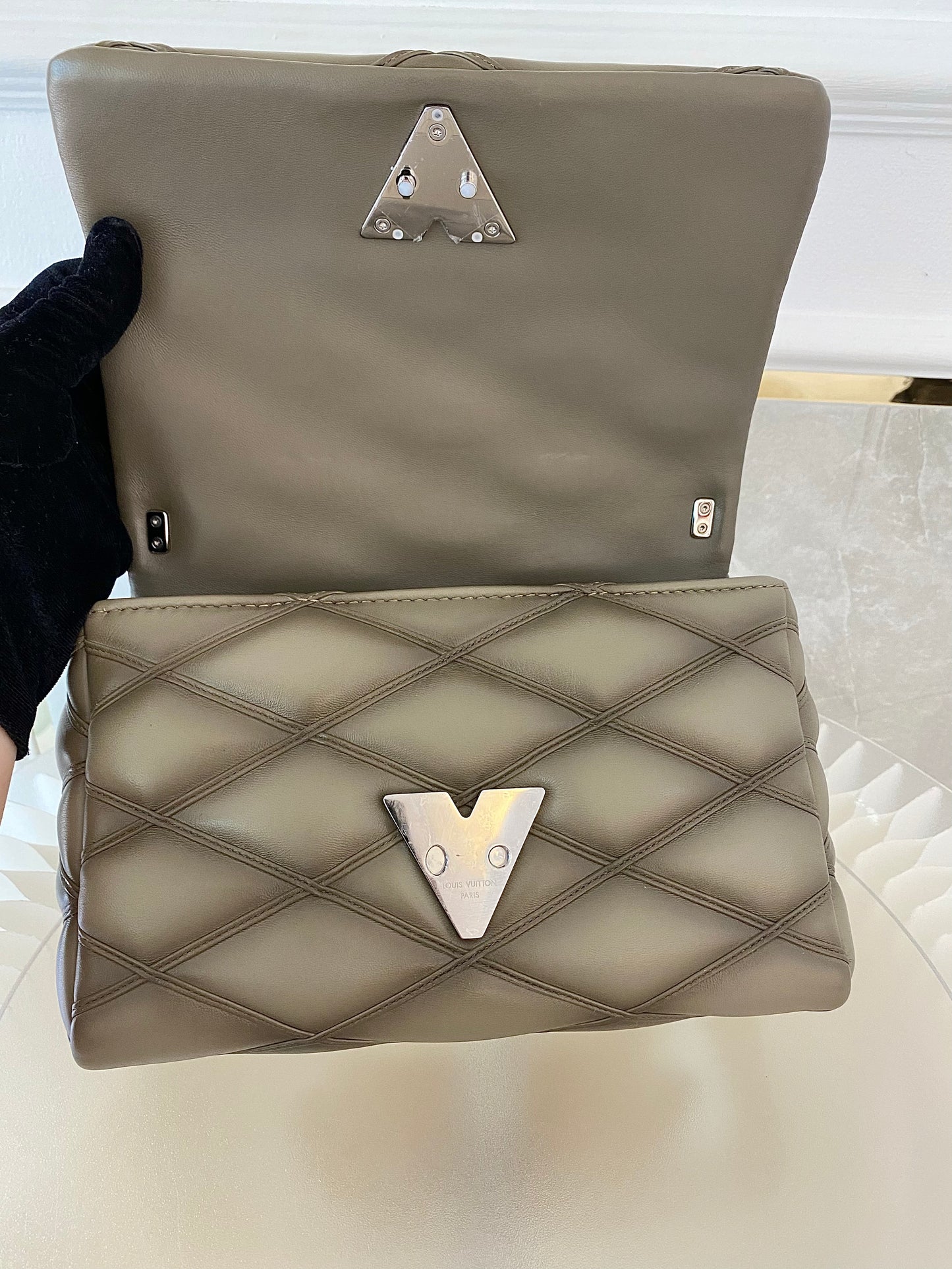 Louis Vuitton GO-14 MM Malletage Quilted Lambskin In a Taupe or Greenish-Grey