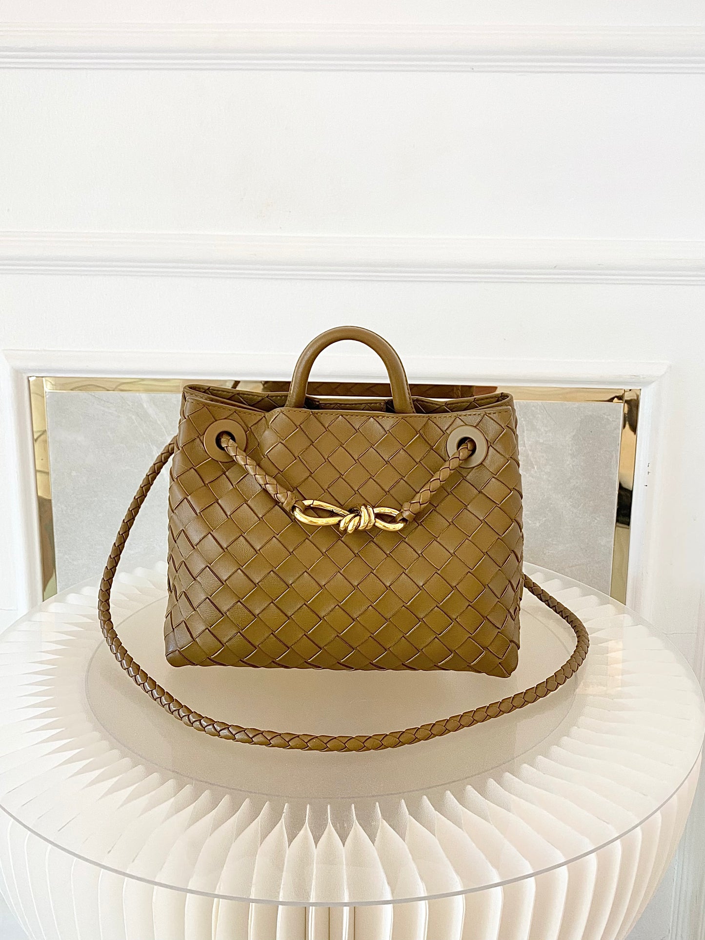 Bottega Veneta Small Andiamo Bag in a  Travertine Woven Leather