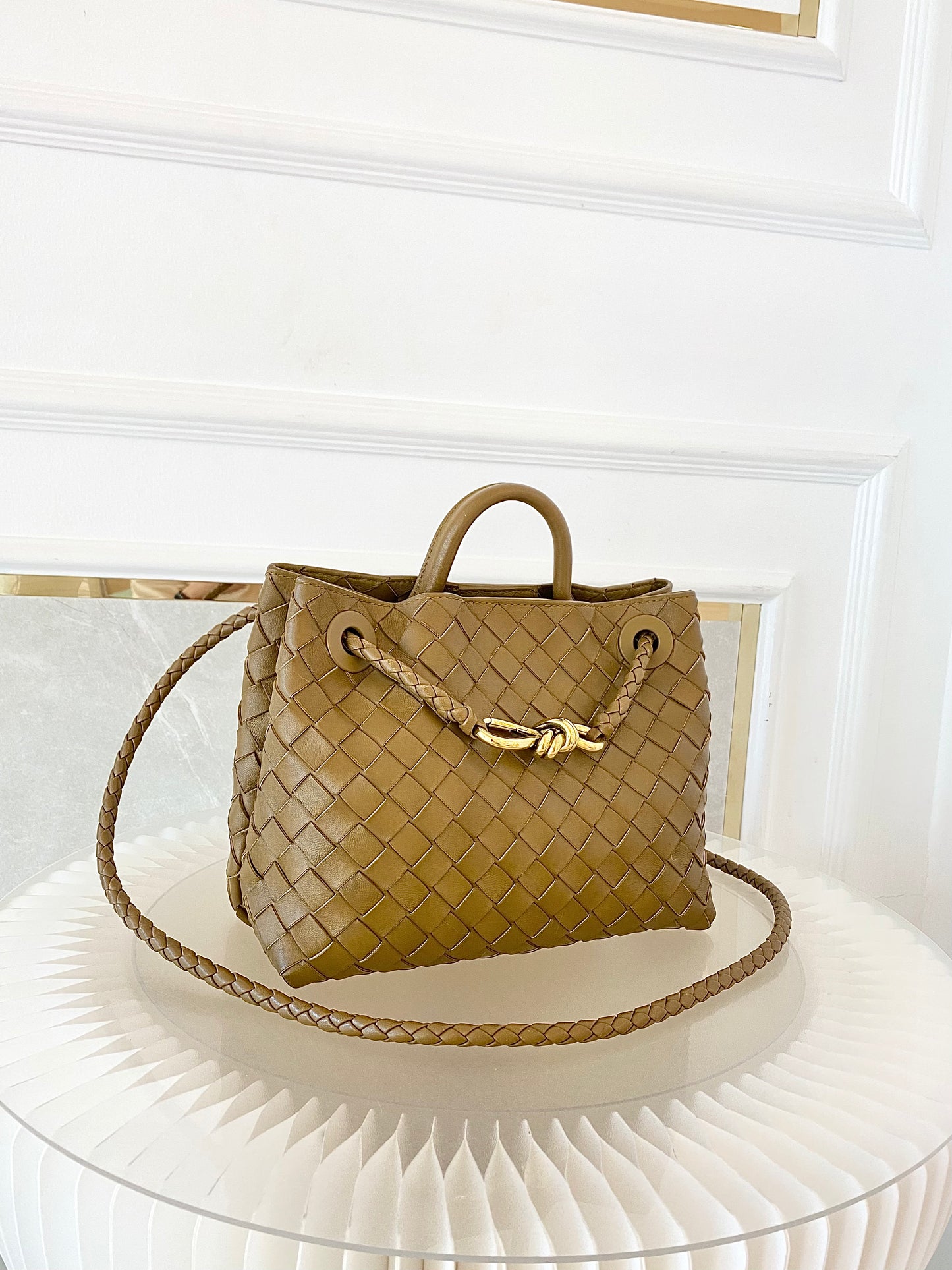 Bottega Veneta Small Andiamo Bag in a  Travertine Woven Leather