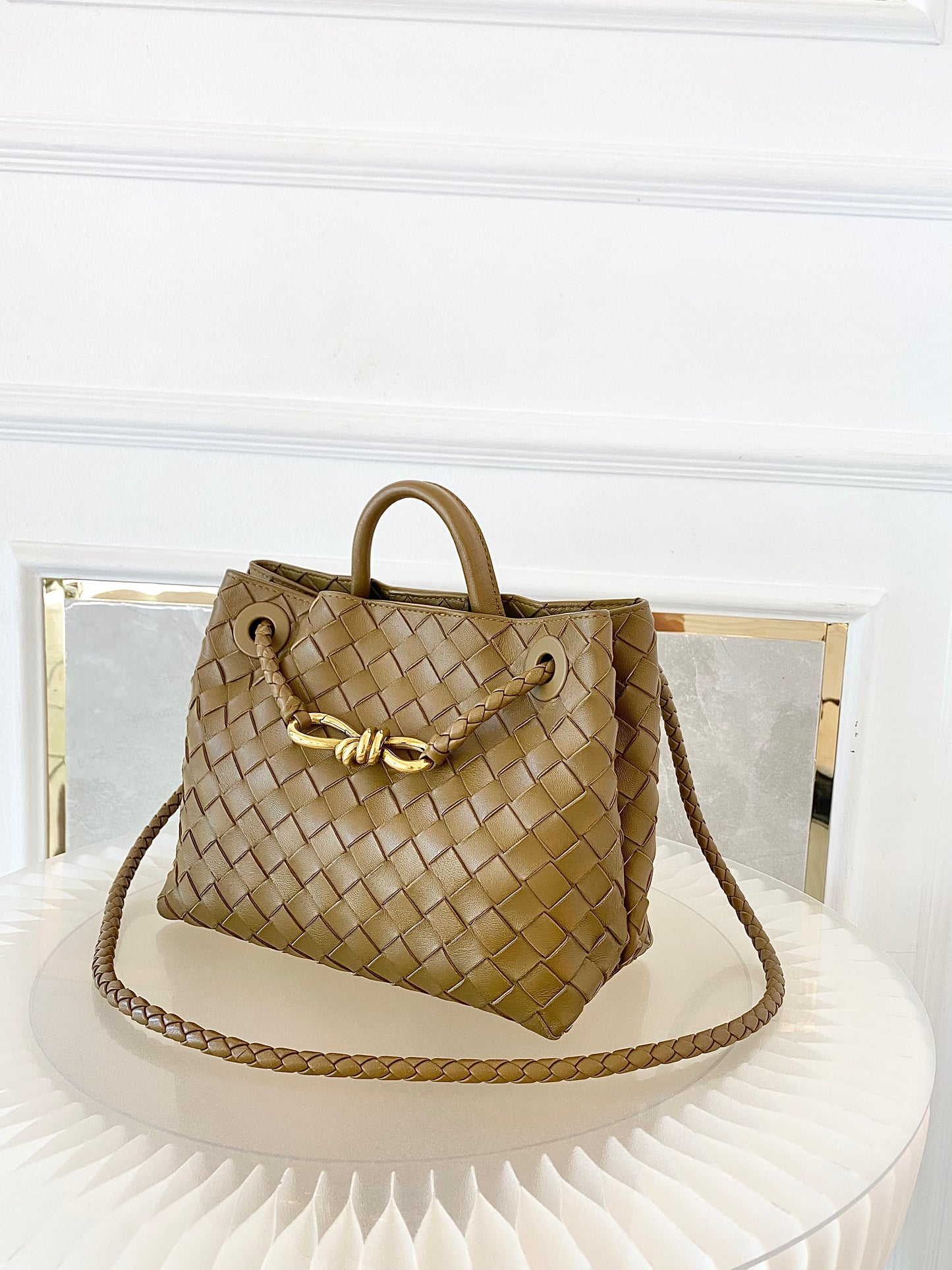 Bottega Veneta Small Andiamo Bag in a  Travertine Woven Leather