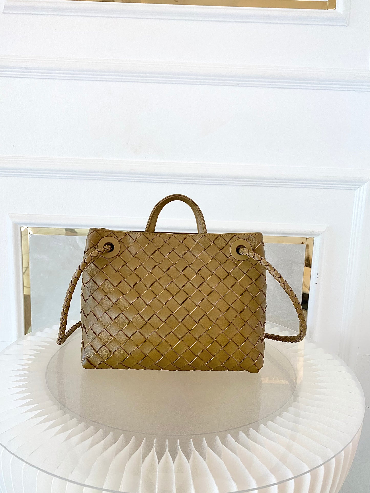 Bottega Veneta Small Andiamo Bag in a  Travertine Woven Leather