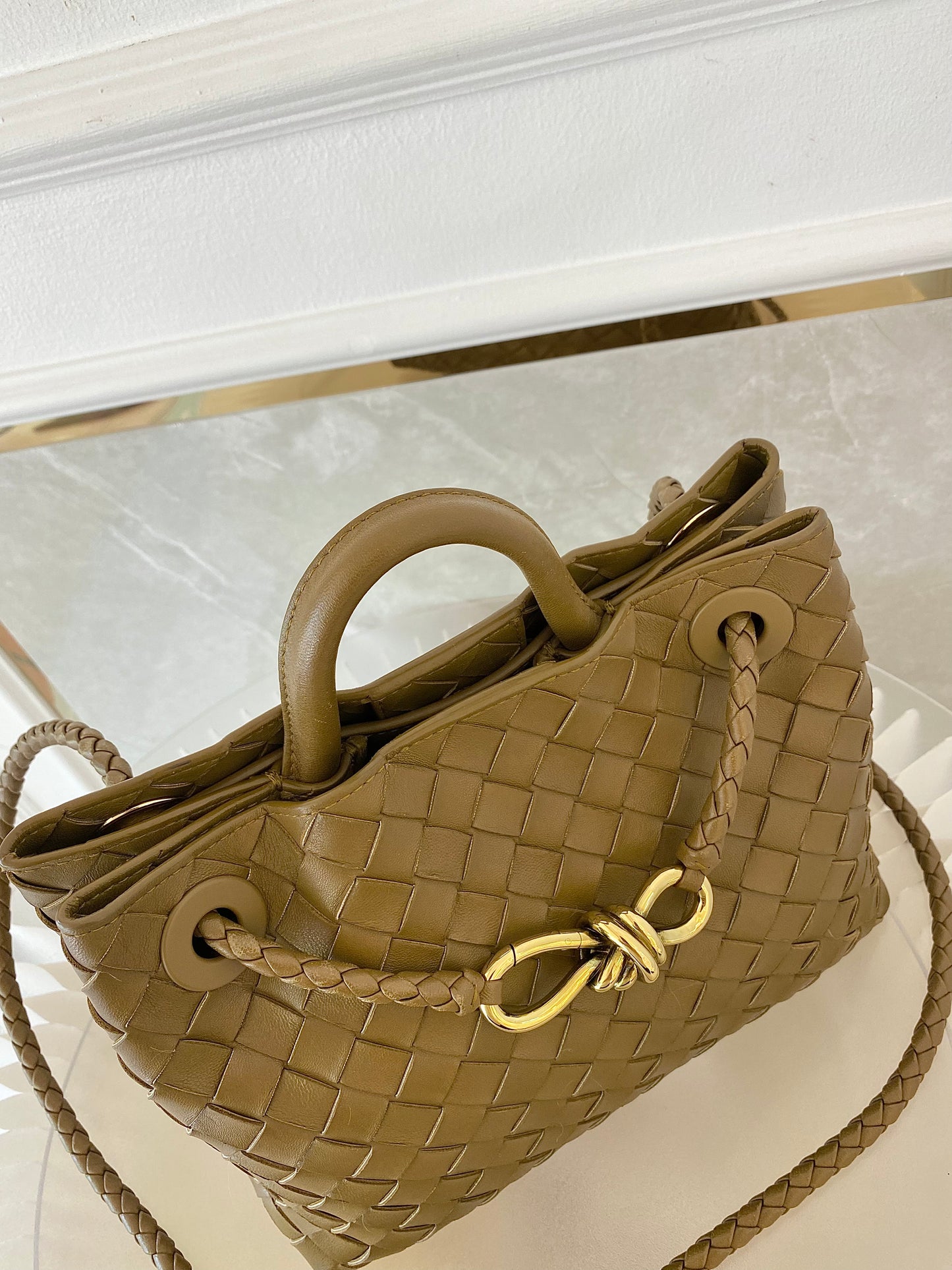 Bottega Veneta Small Andiamo Bag in a  Travertine Woven Leather