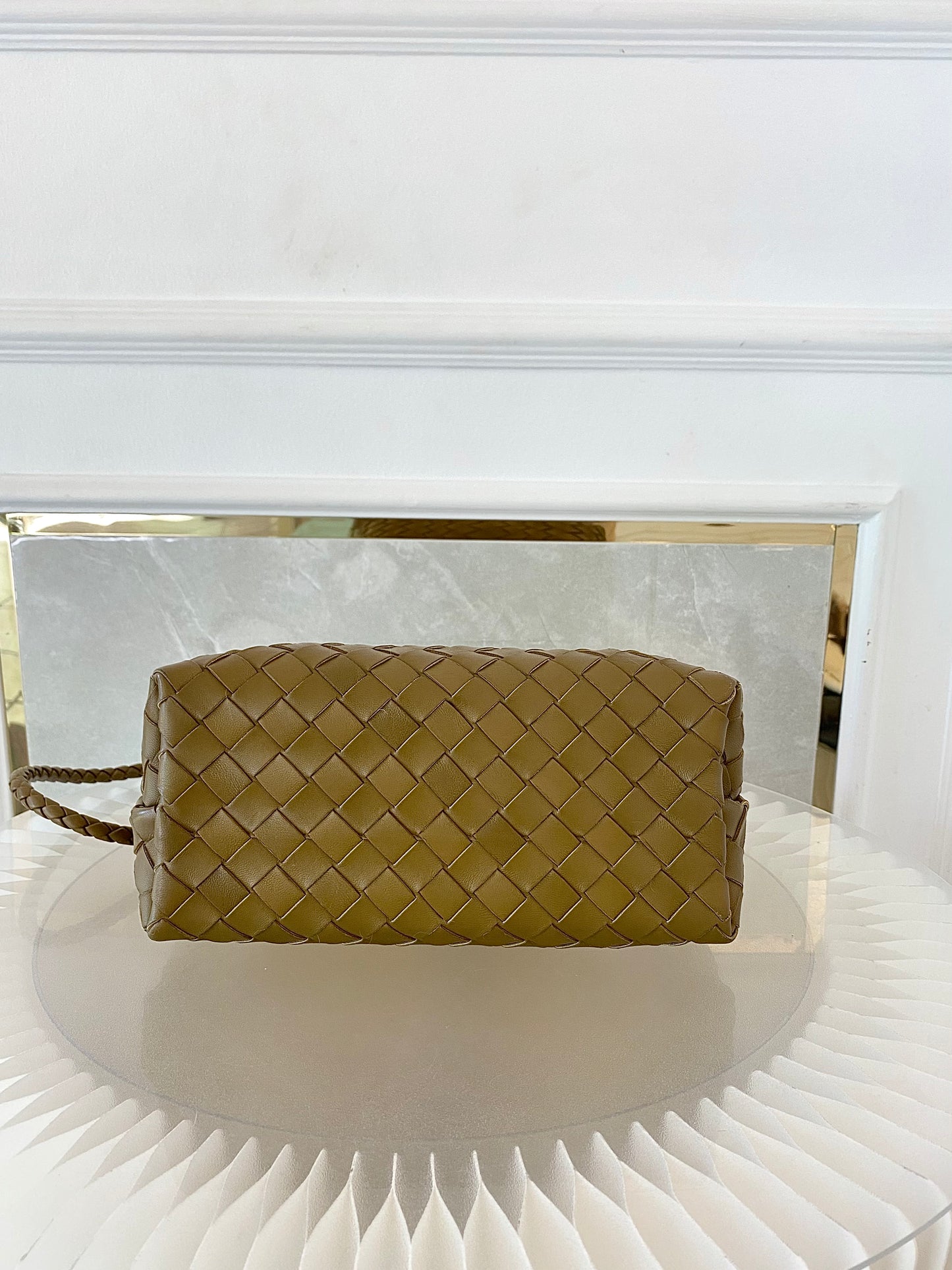 Bottega Veneta Small Andiamo Bag in a  Travertine Woven Leather