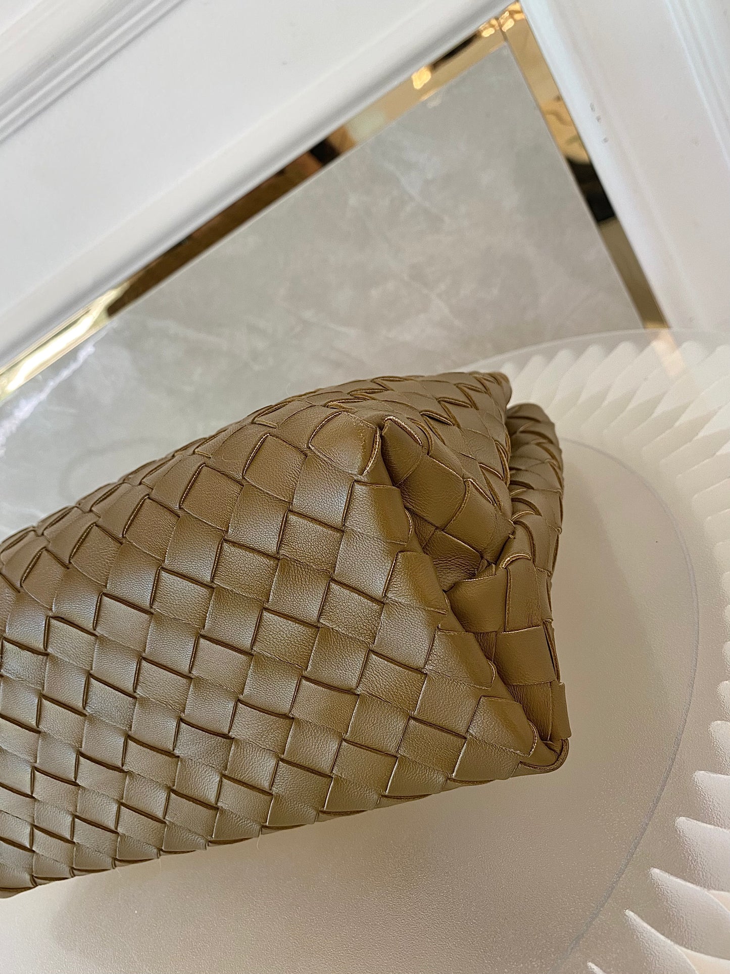 Bottega Veneta Small Andiamo Bag in a  Travertine Woven Leather