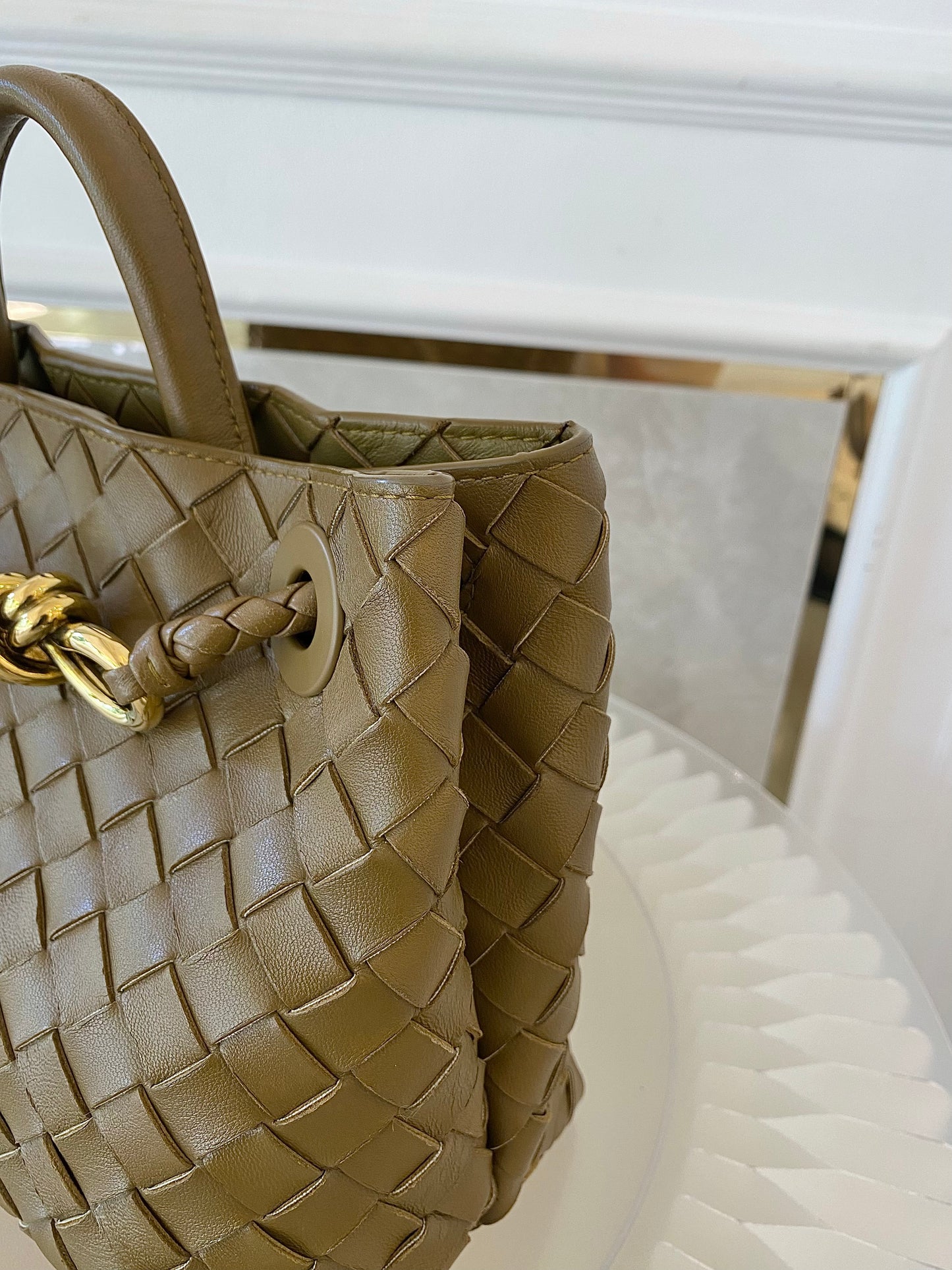 Bottega Veneta Small Andiamo Bag in a  Travertine Woven Leather