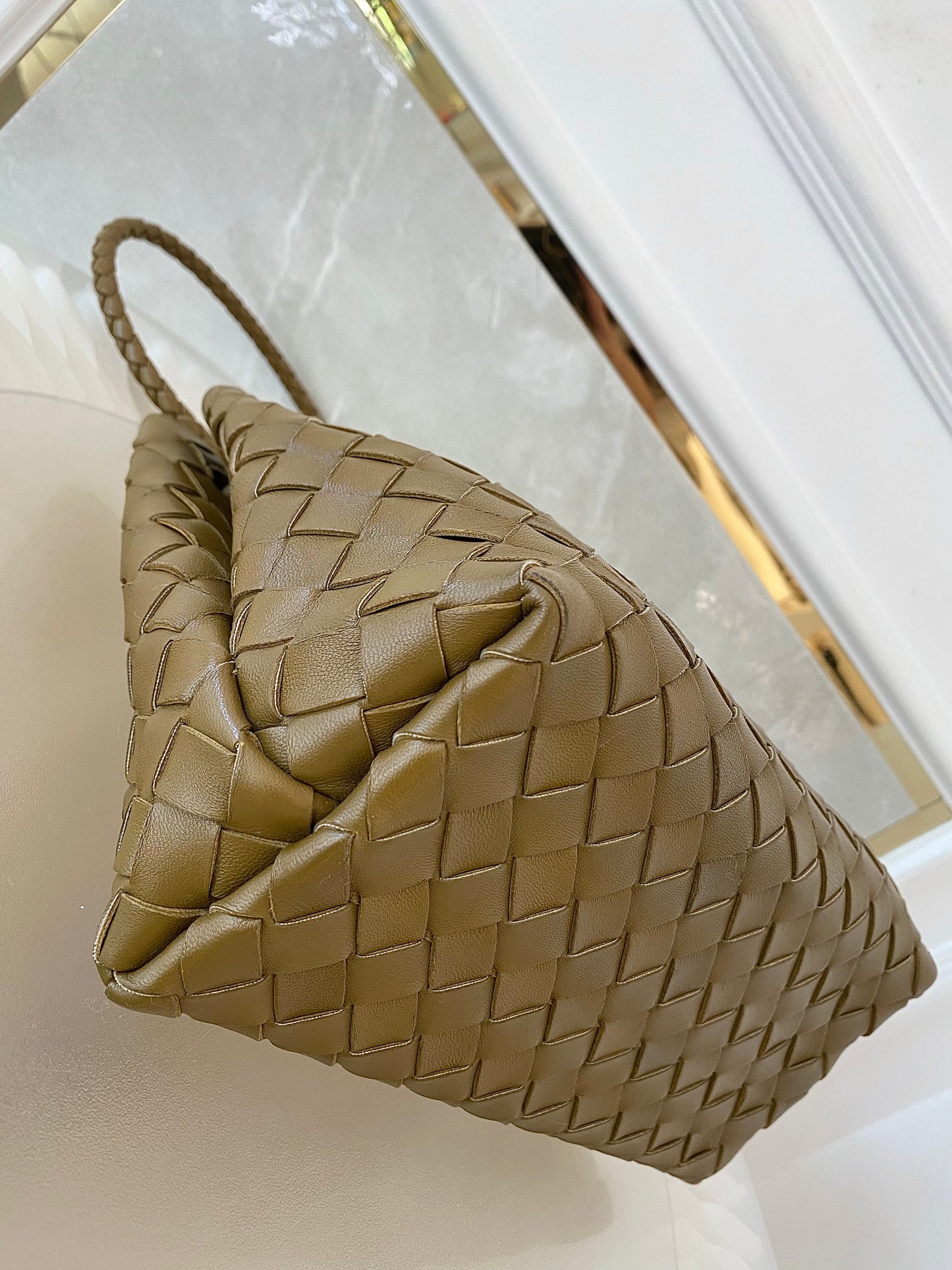 Bottega Veneta Small Andiamo Bag in a  Travertine Woven Leather