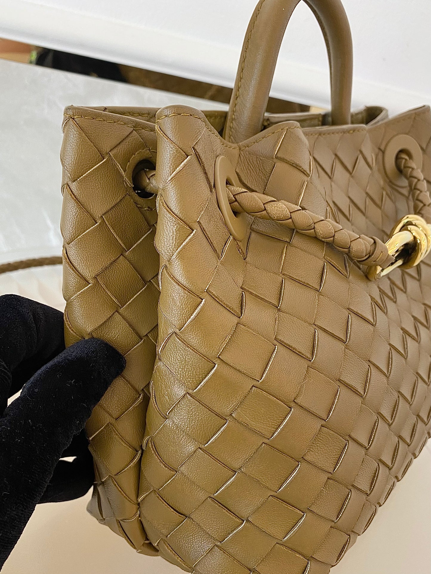 Bottega Veneta Small Andiamo Bag in a  Travertine Woven Leather