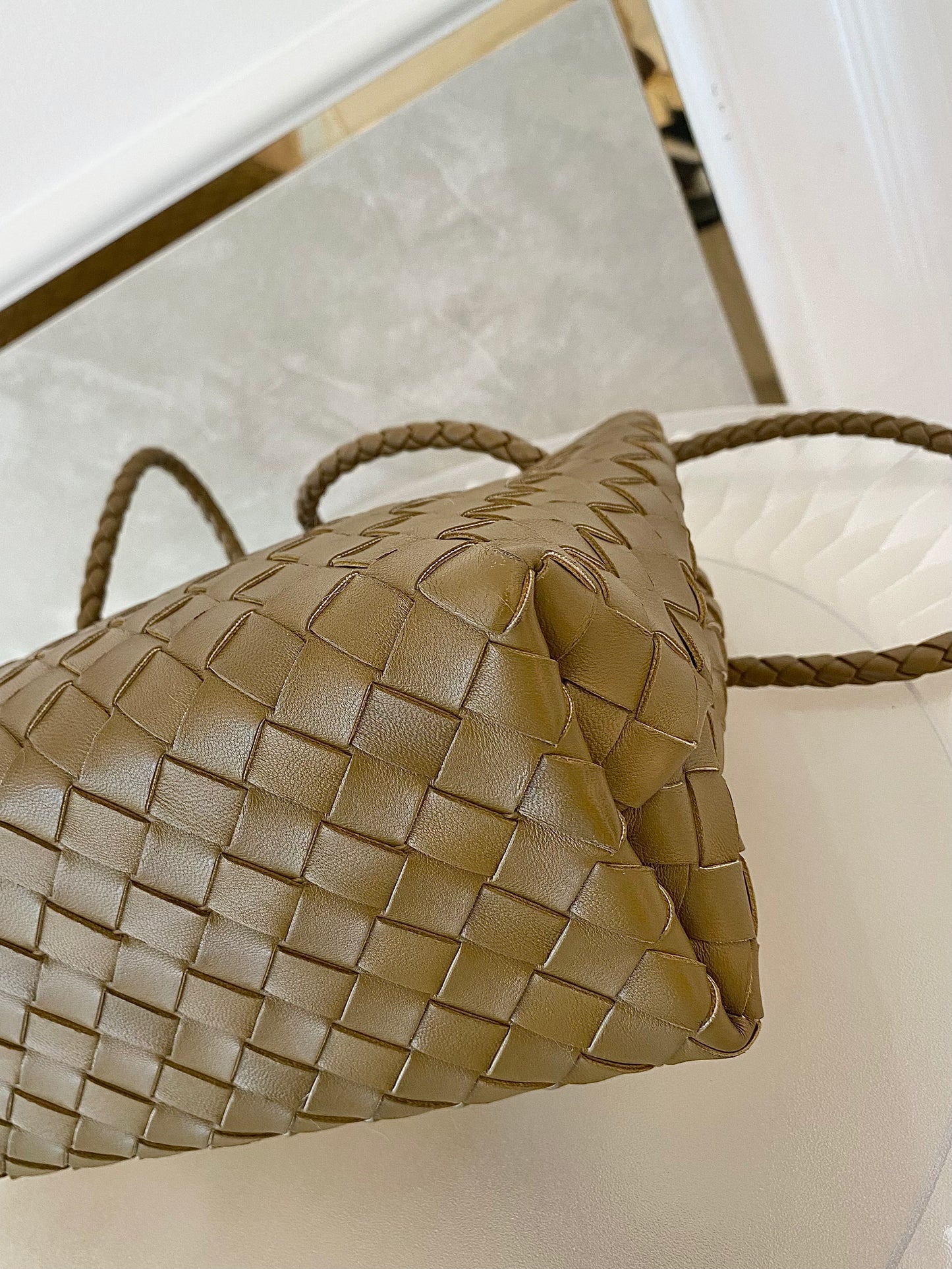 Bottega Veneta Small Andiamo Bag in a  Travertine Woven Leather