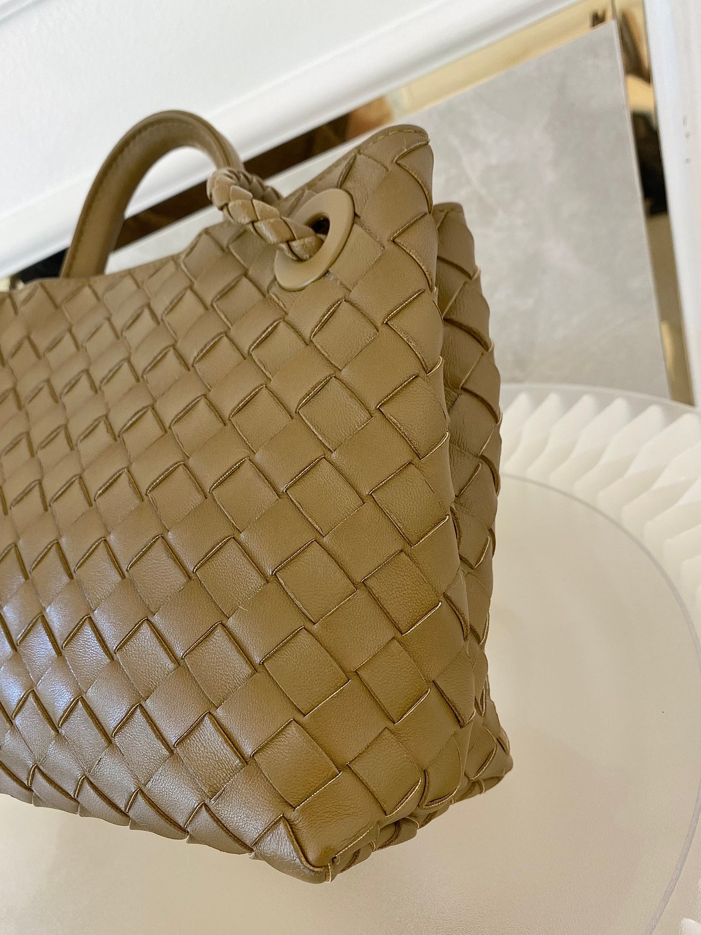 Bottega Veneta Small Andiamo Bag in a  Travertine Woven Leather