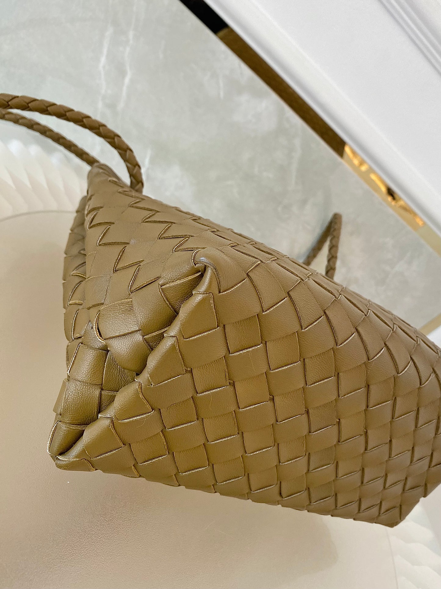 Bottega Veneta Small Andiamo Bag in a  Travertine Woven Leather