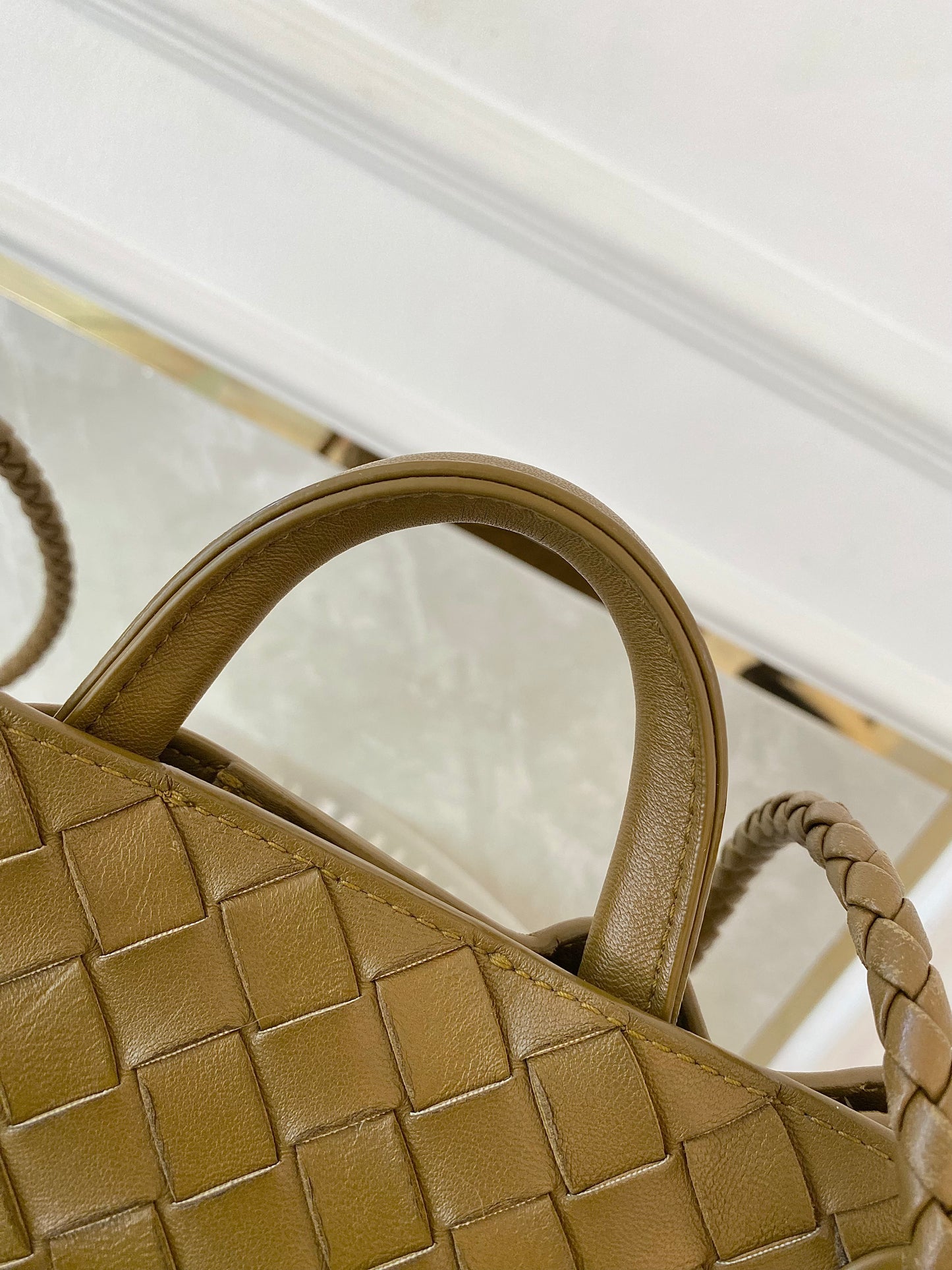 Bottega Veneta Small Andiamo Bag in a  Travertine Woven Leather