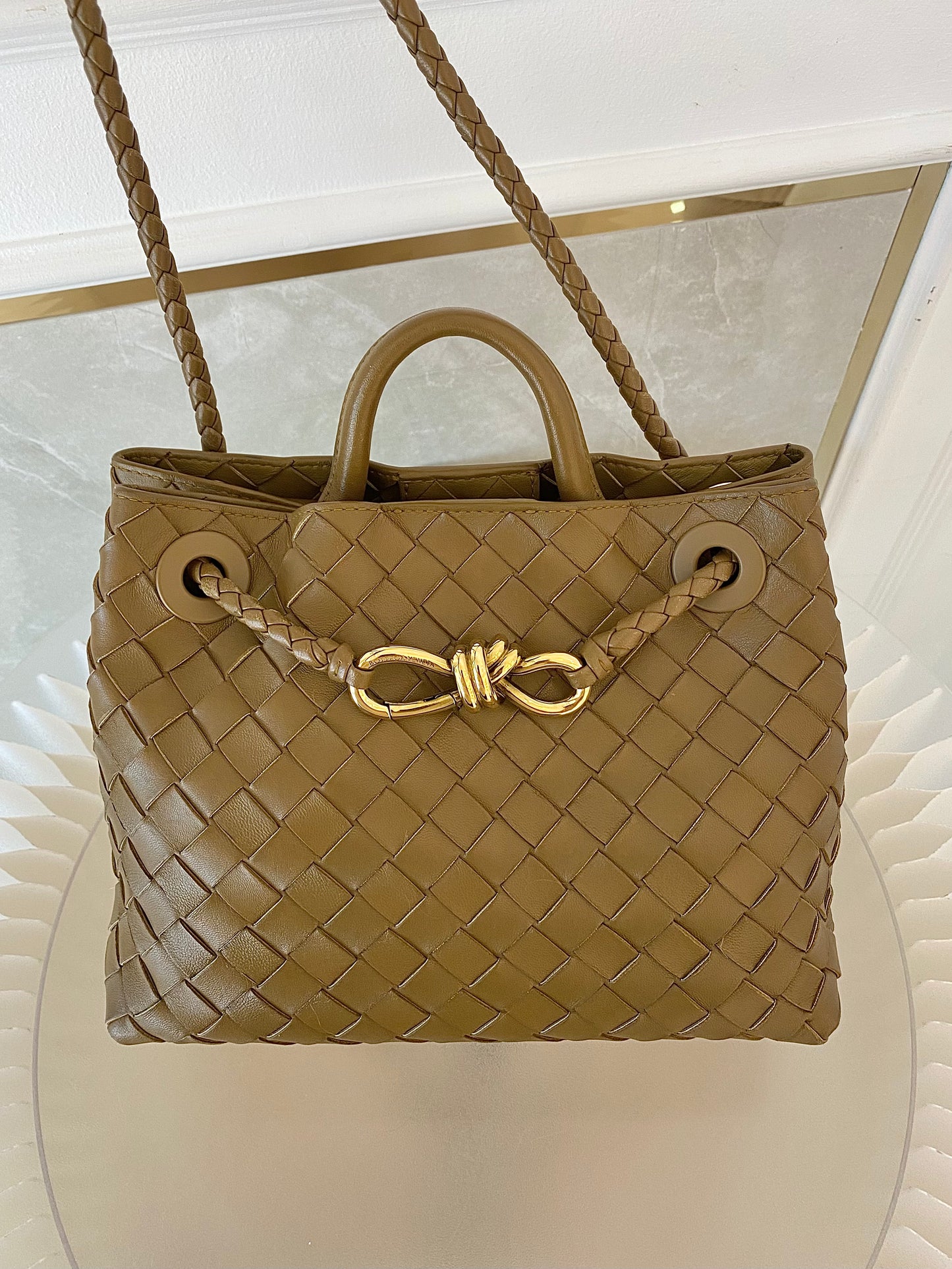 Bottega Veneta Small Andiamo Bag in a  Travertine Woven Leather