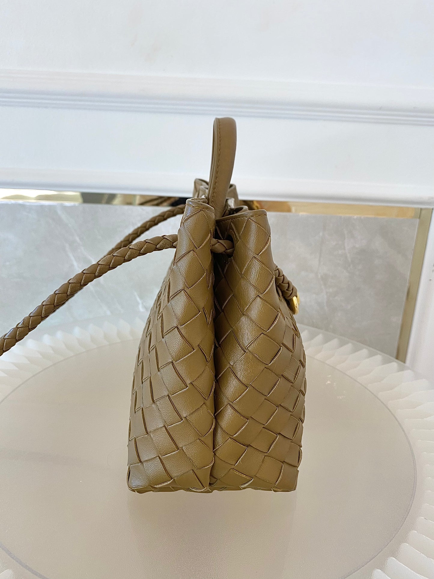 Bottega Veneta Small Andiamo Bag in a  Travertine Woven Leather