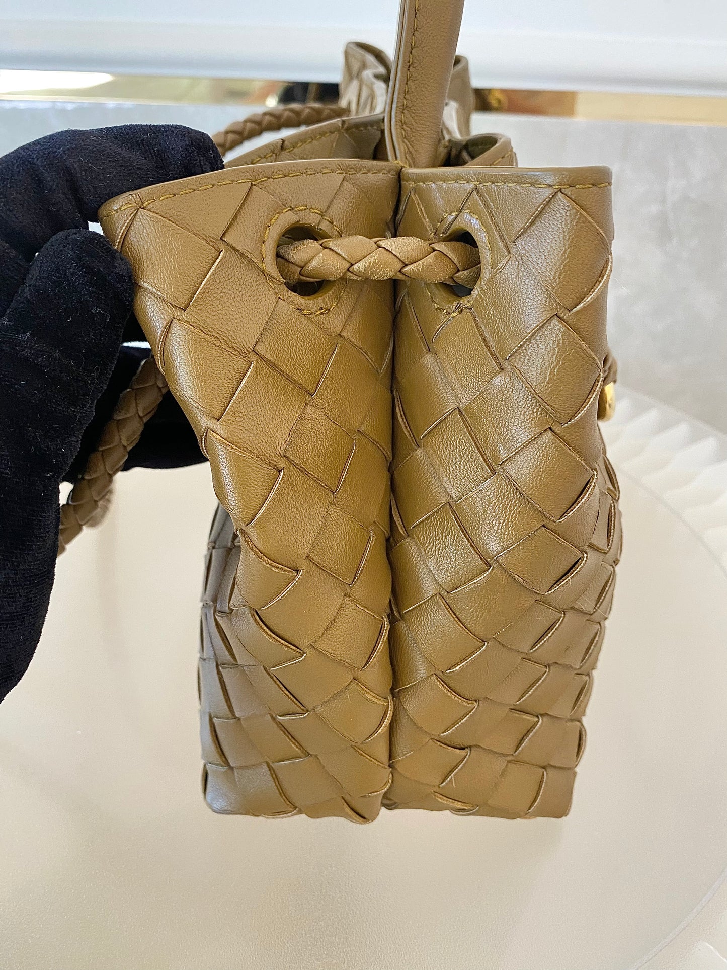 Bottega Veneta Small Andiamo Bag in a  Travertine Woven Leather