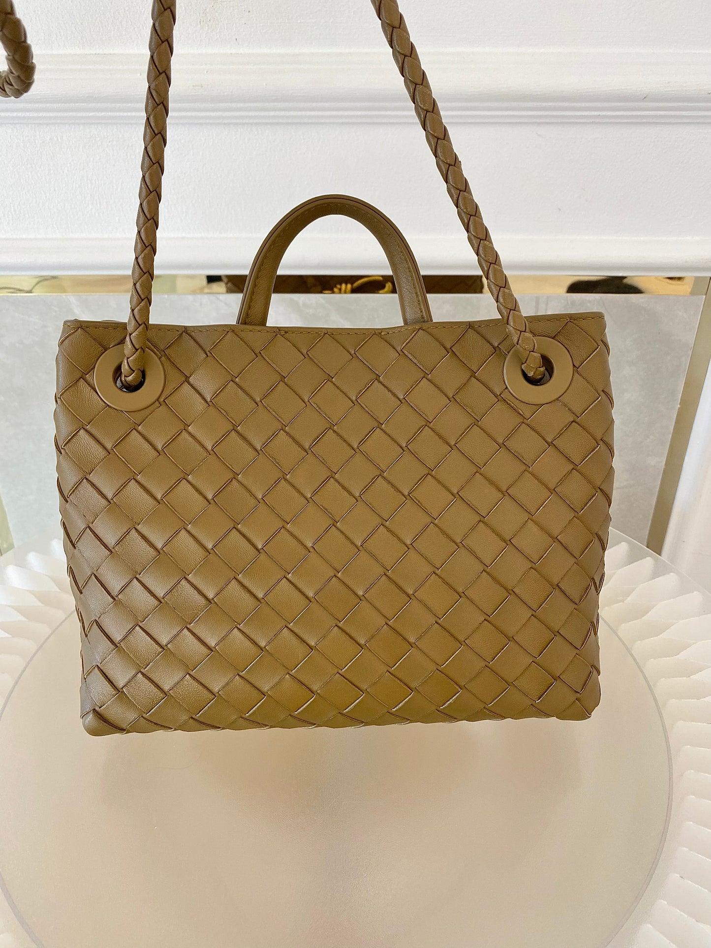Bottega Veneta Small Andiamo Bag in a  Travertine Woven Leather