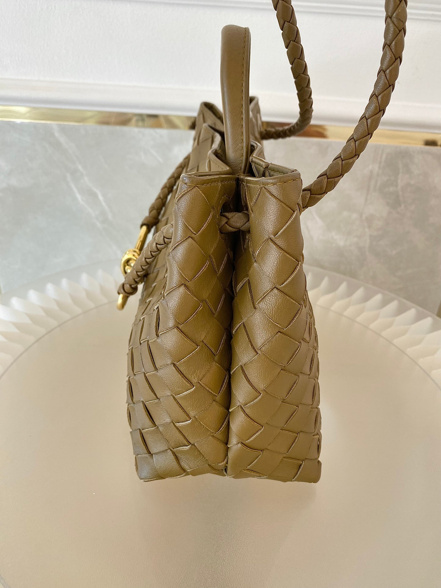 Bottega Veneta Small Andiamo Bag in a  Travertine Woven Leather