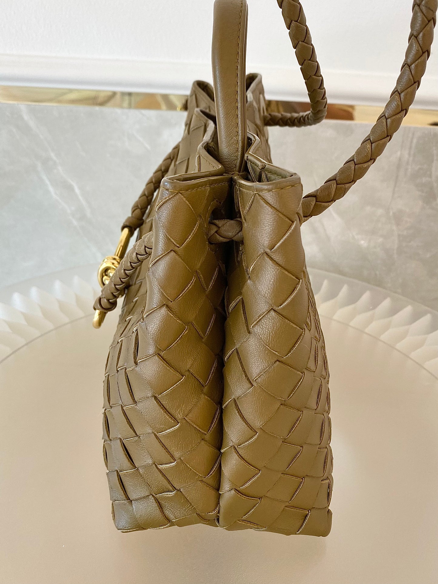 Bottega Veneta Small Andiamo Bag in a  Travertine Woven Leather