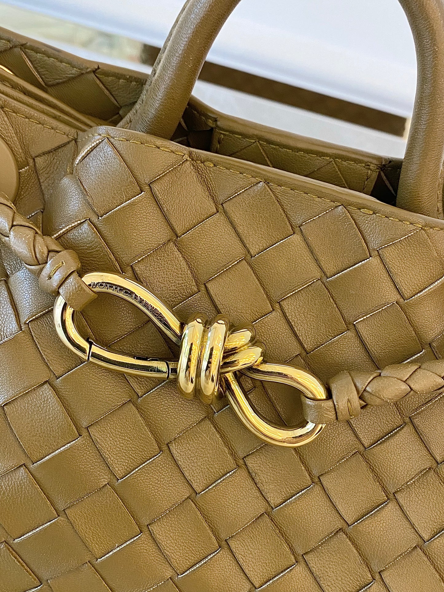 Bottega Veneta Small Andiamo Bag in a  Travertine Woven Leather