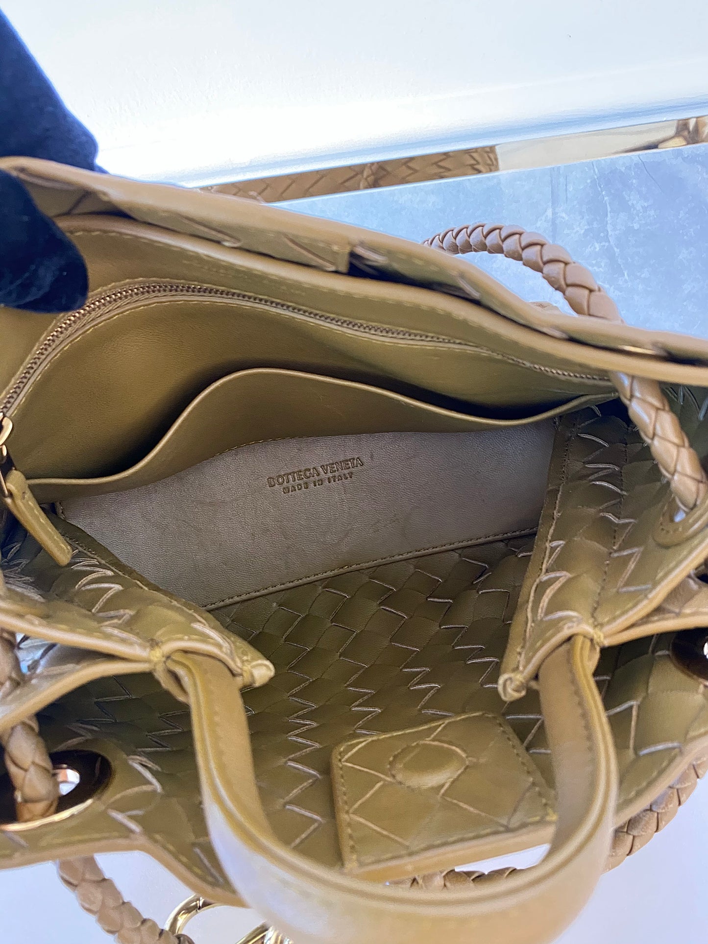 Bottega Veneta Small Andiamo Bag in a  Travertine Woven Leather