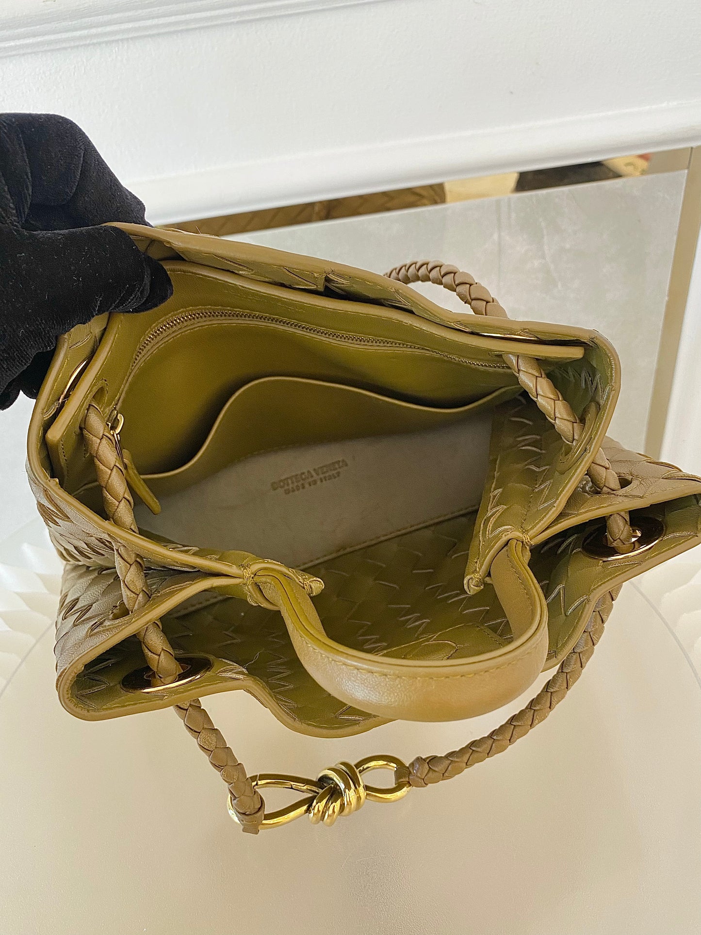 Bottega Veneta Small Andiamo Bag in a  Travertine Woven Leather