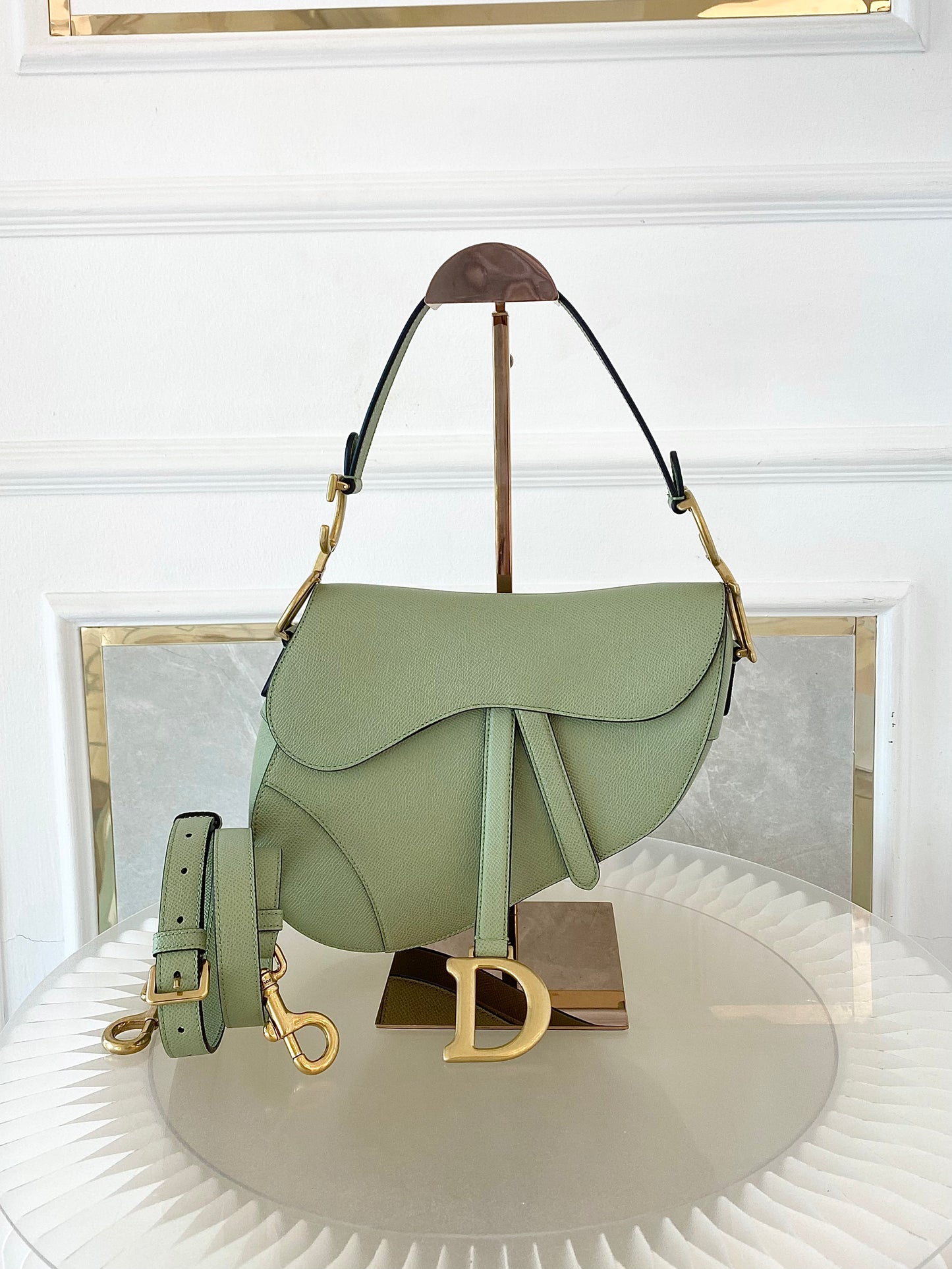 DIOR Medium Saddle Bag in Sage Green Grained Calfskin GHW