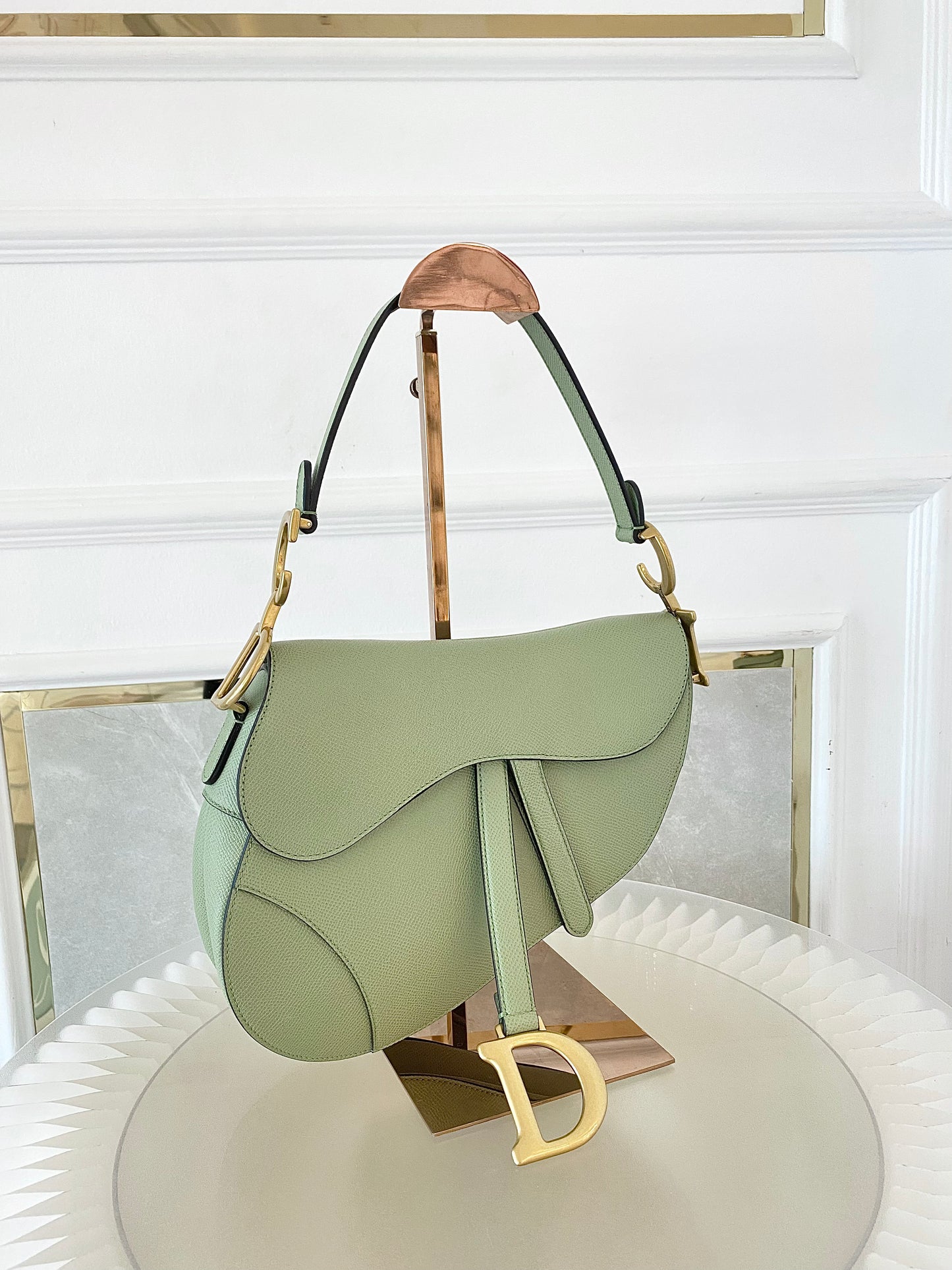 DIOR Medium Saddle Bag in Sage Green Grained Calfskin GHW