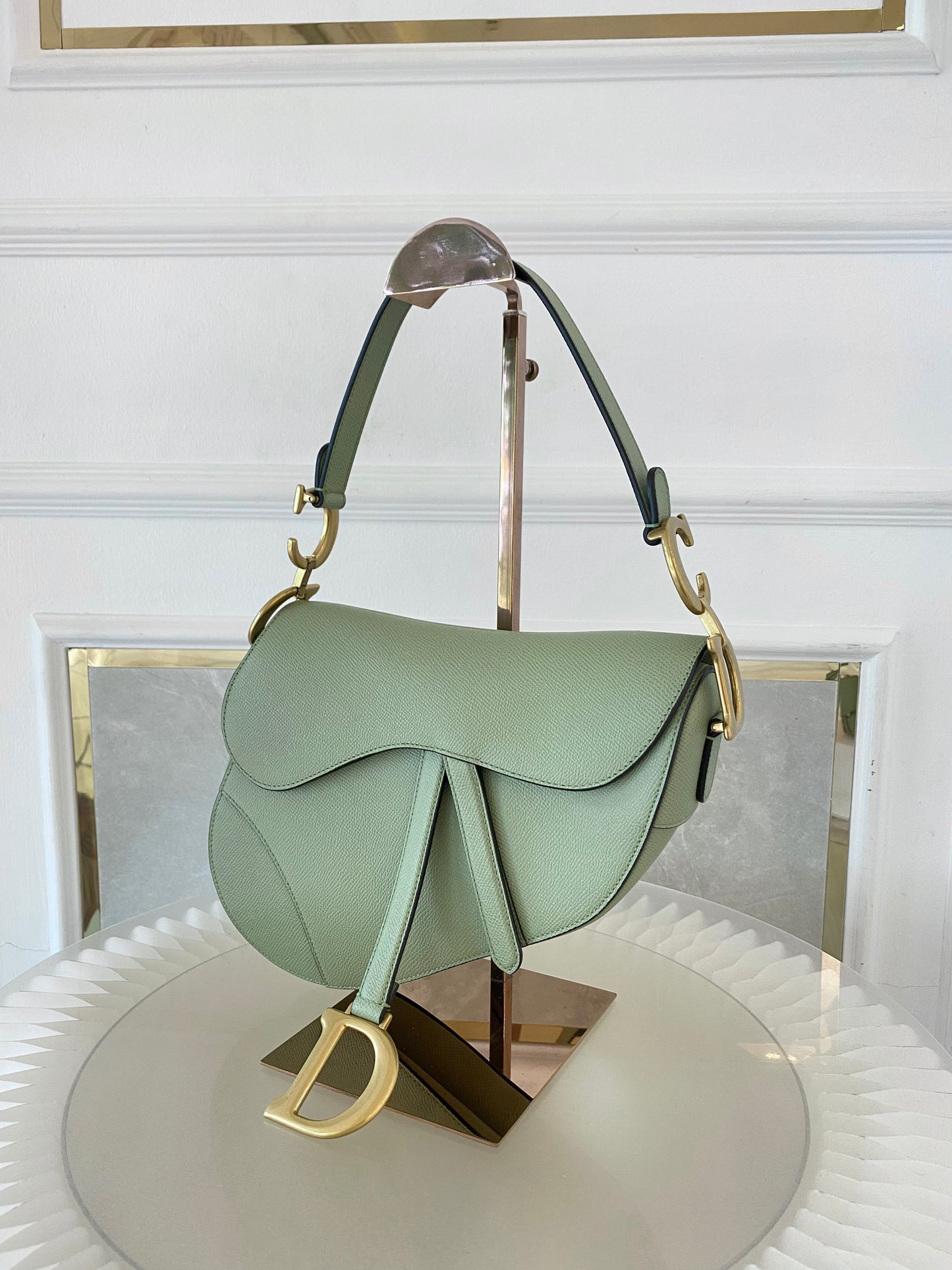 DIOR Medium Saddle Bag in Sage Green Grained Calfskin GHW