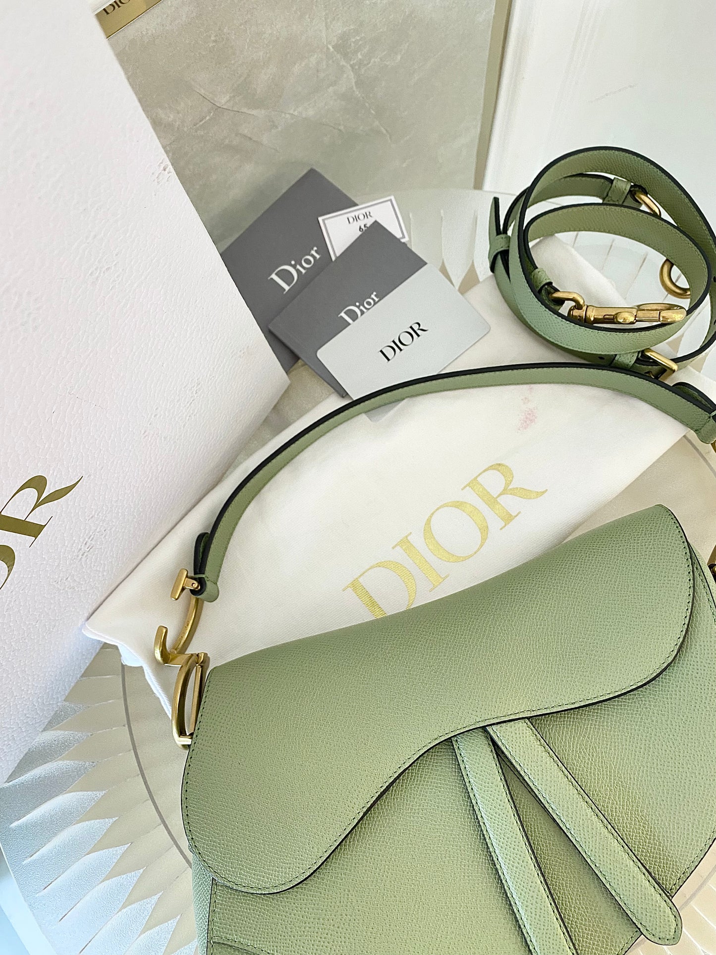 DIOR Medium Saddle Bag in Sage Green Grained Calfskin GHW
