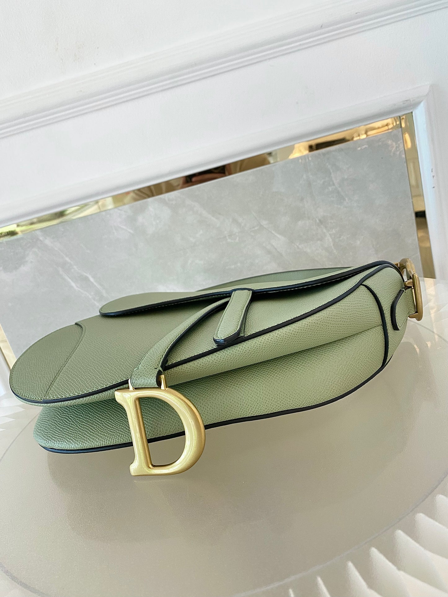 DIOR Medium Saddle Bag in Sage Green Grained Calfskin GHW