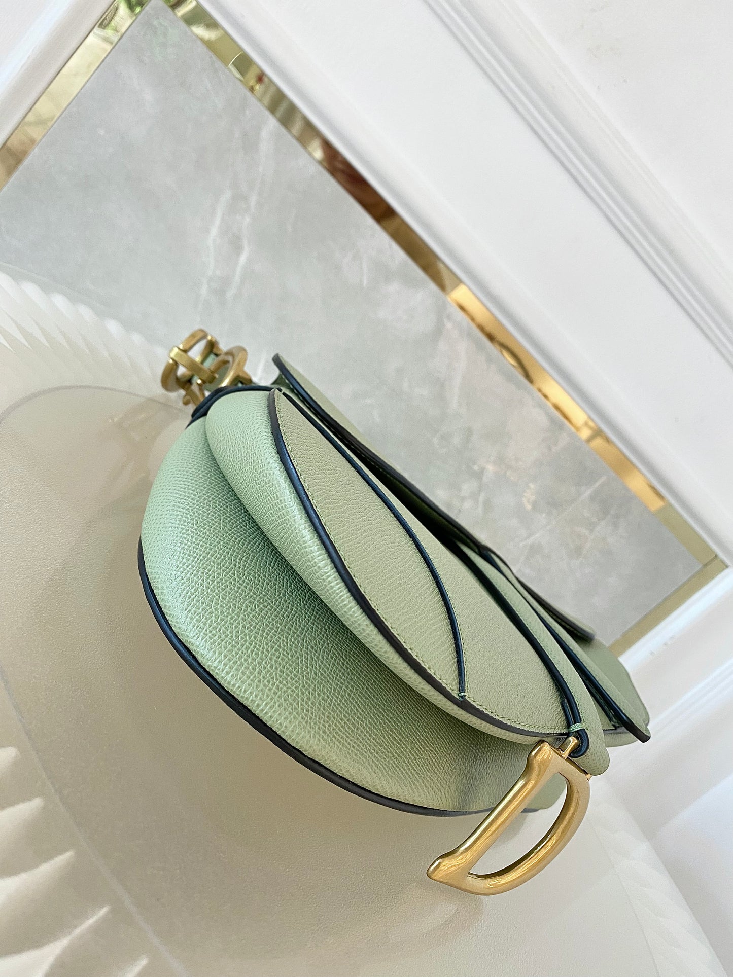 DIOR Medium Saddle Bag in Sage Green Grained Calfskin GHW