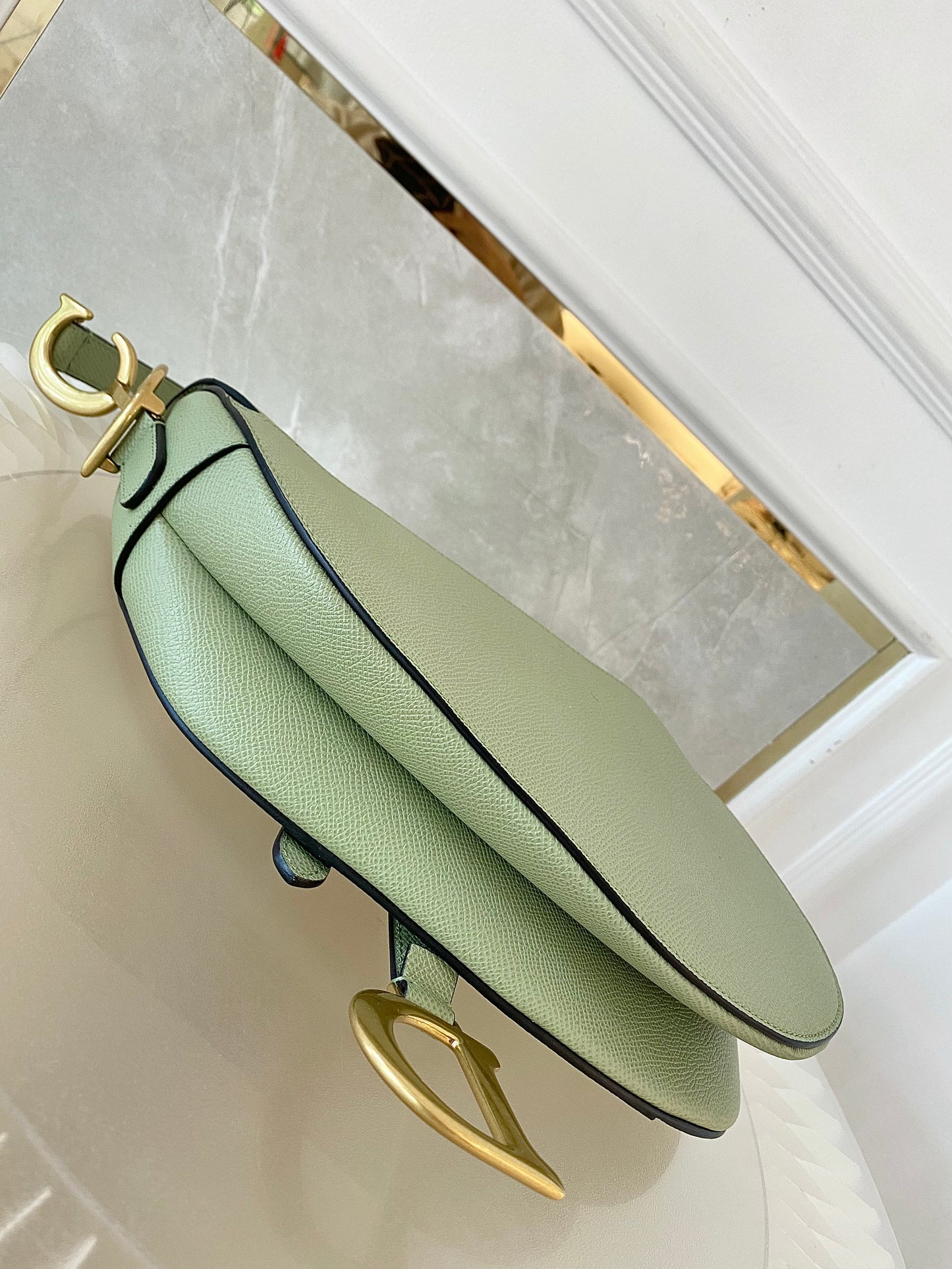 DIOR Medium Saddle Bag in Sage Green Grained Calfskin GHW