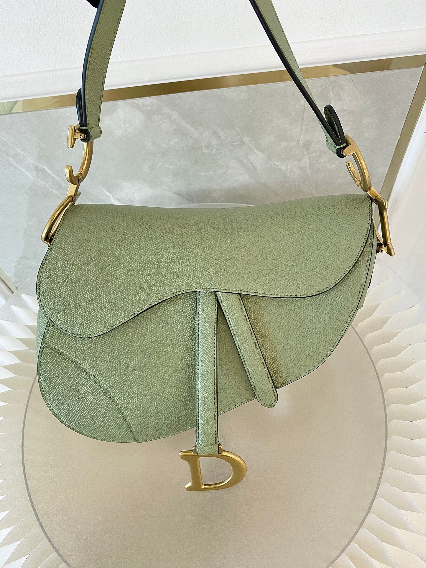 DIOR Medium Saddle Bag in Sage Green Grained Calfskin GHW