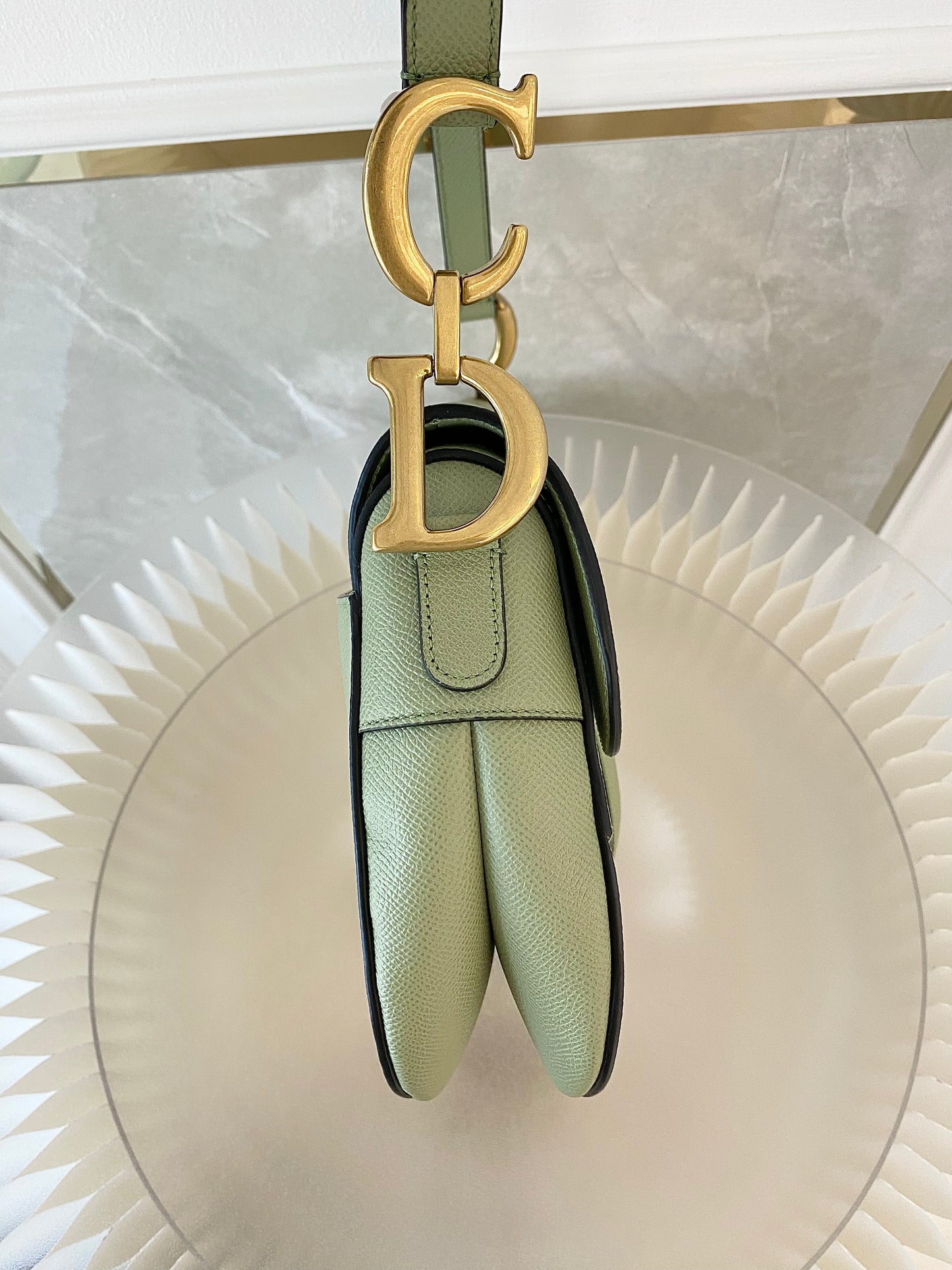DIOR Medium Saddle Bag in Sage Green Grained Calfskin GHW