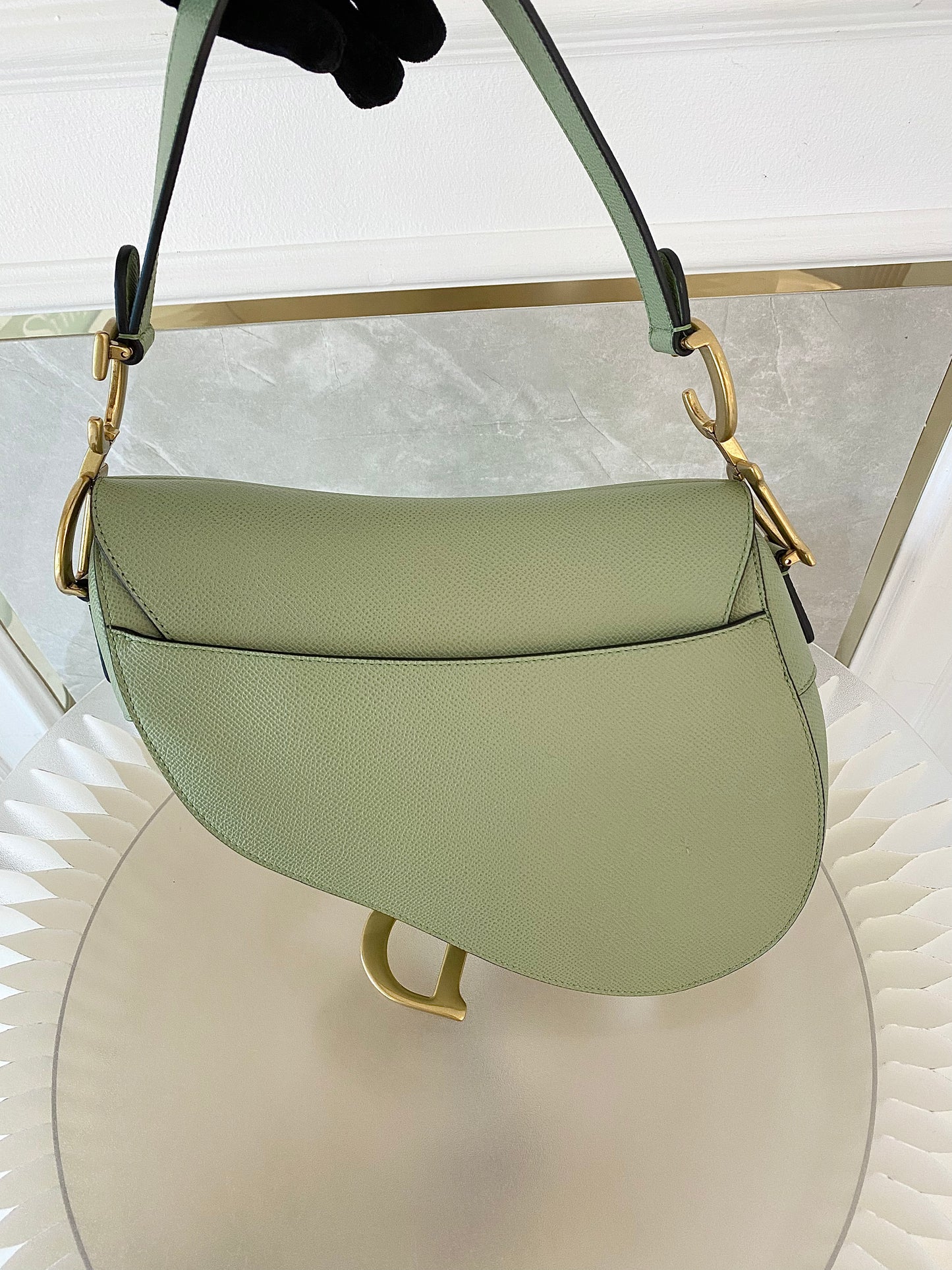 DIOR Medium Saddle Bag in Sage Green Grained Calfskin GHW