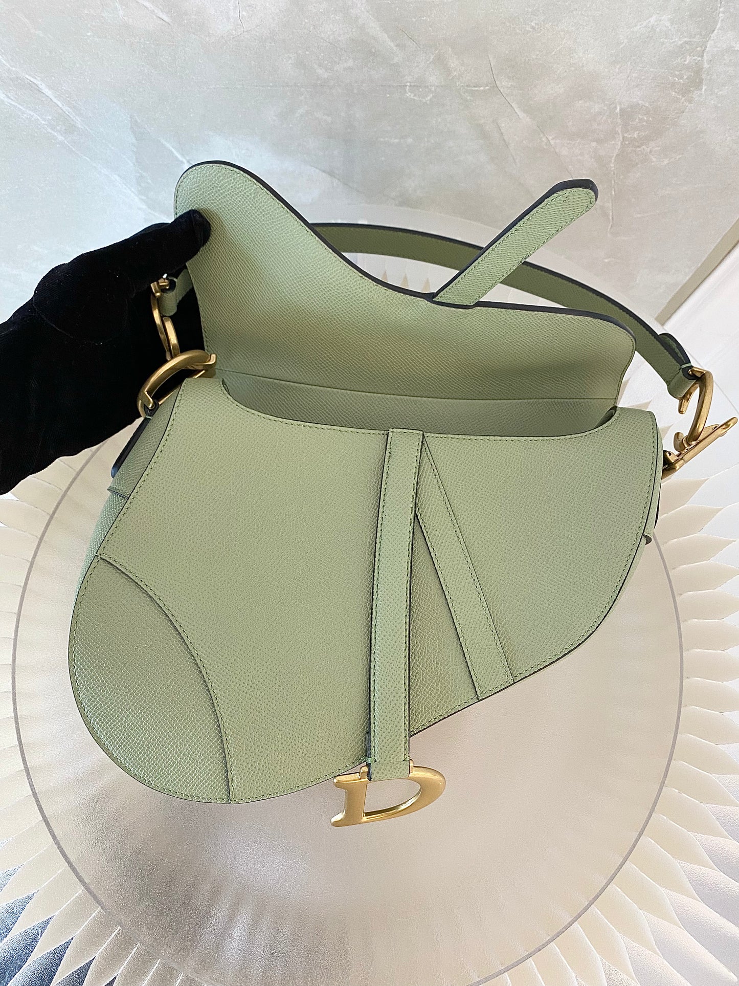 DIOR Medium Saddle Bag in Sage Green Grained Calfskin GHW