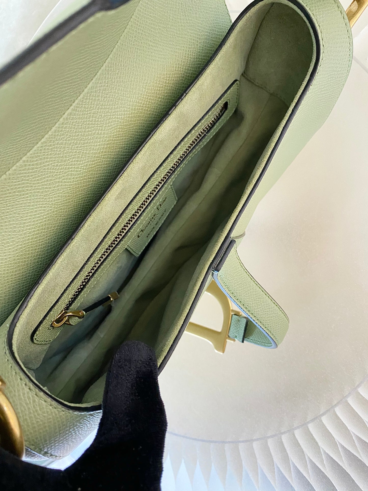 DIOR Medium Saddle Bag in Sage Green Grained Calfskin GHW