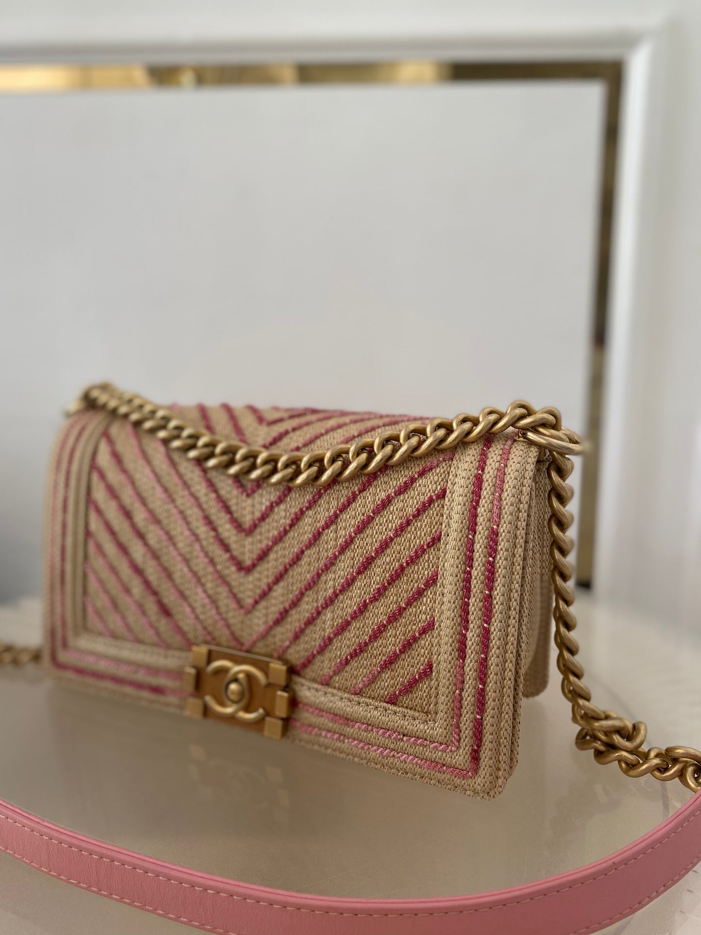 Chanel Leboy Old Medium Chevron Raffia & Leather in Beige/Pink w/ARGHW