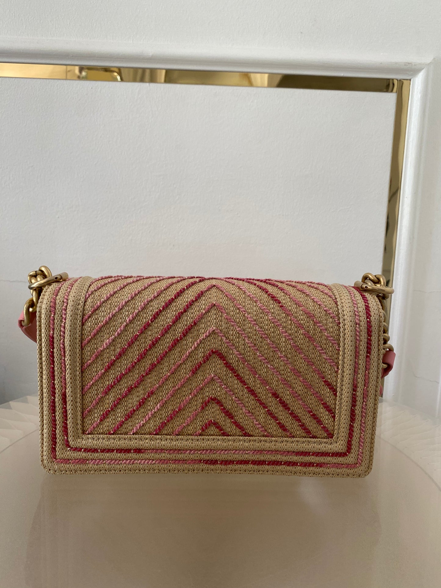 Chanel Leboy Old Medium Chevron Raffia & Leather in Beige/Pink w/ARGHW