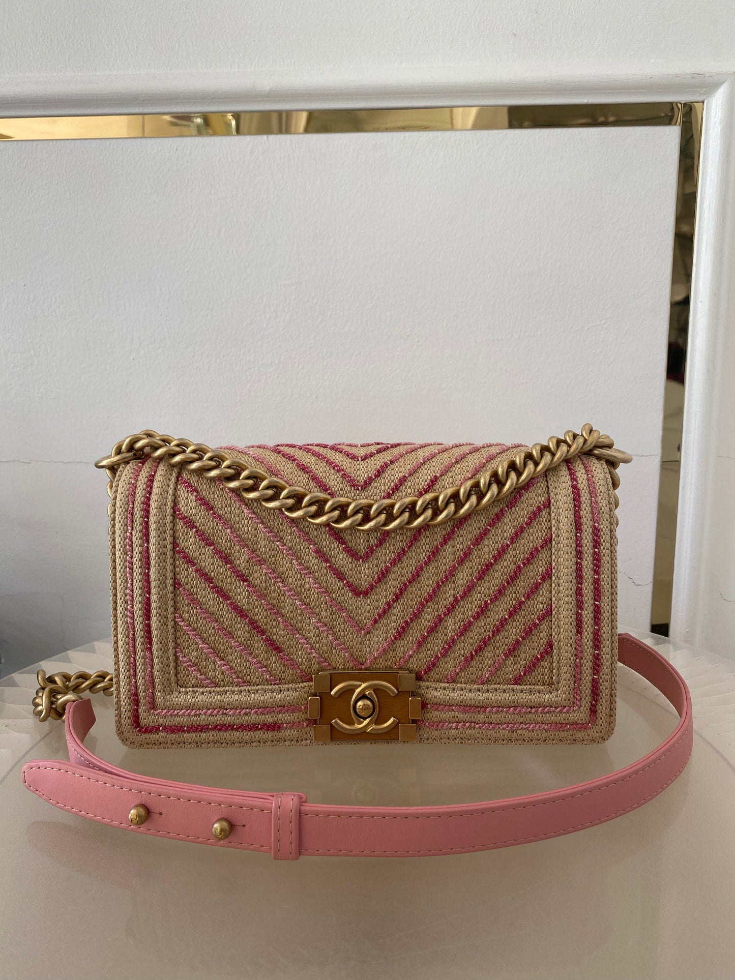 Chanel Leboy Old Medium Chevron Raffia & Leather in Beige/Pink w/ARGHW