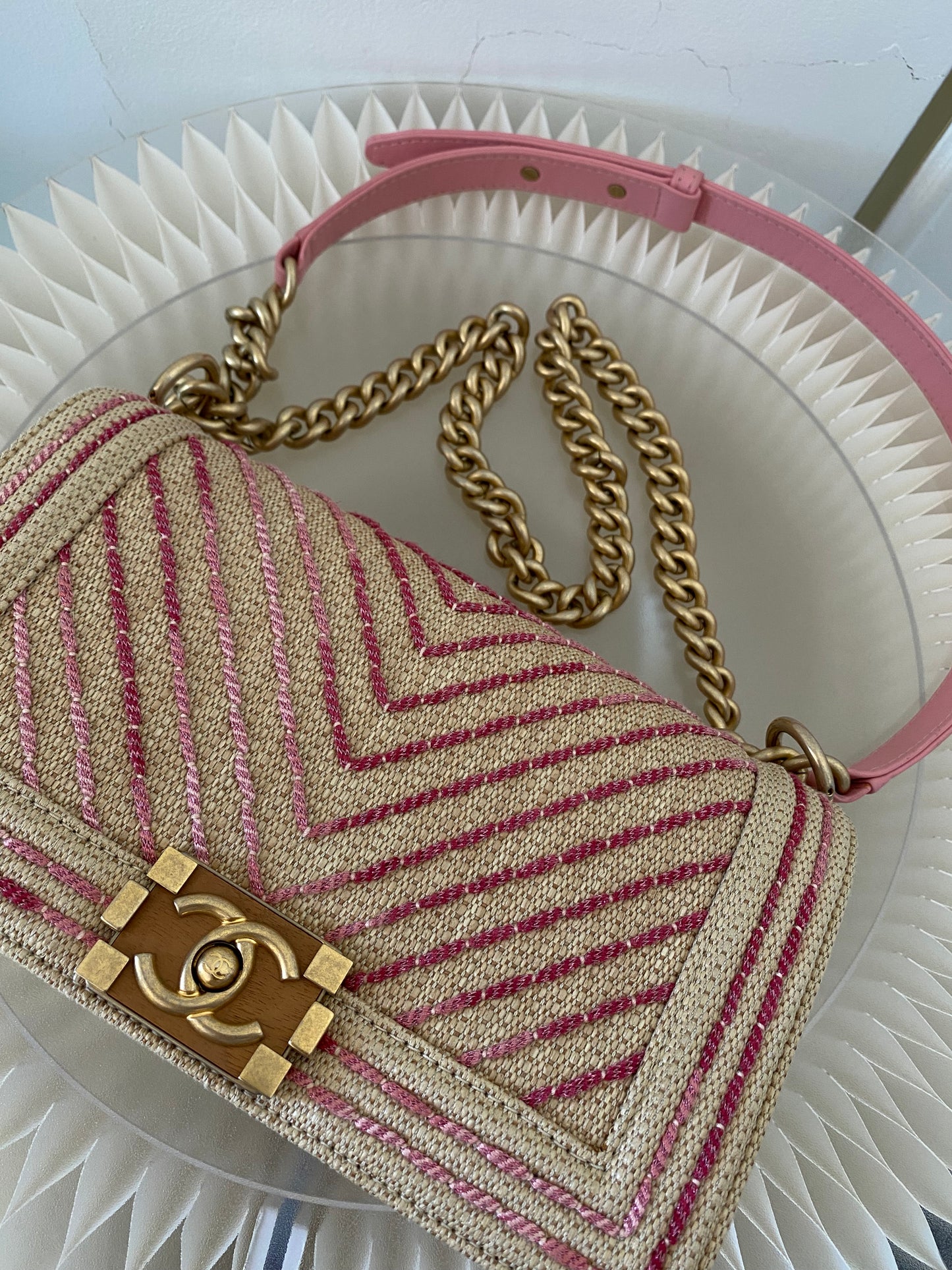Chanel Leboy Old Medium Chevron Raffia & Leather in Beige/Pink w/ARGHW