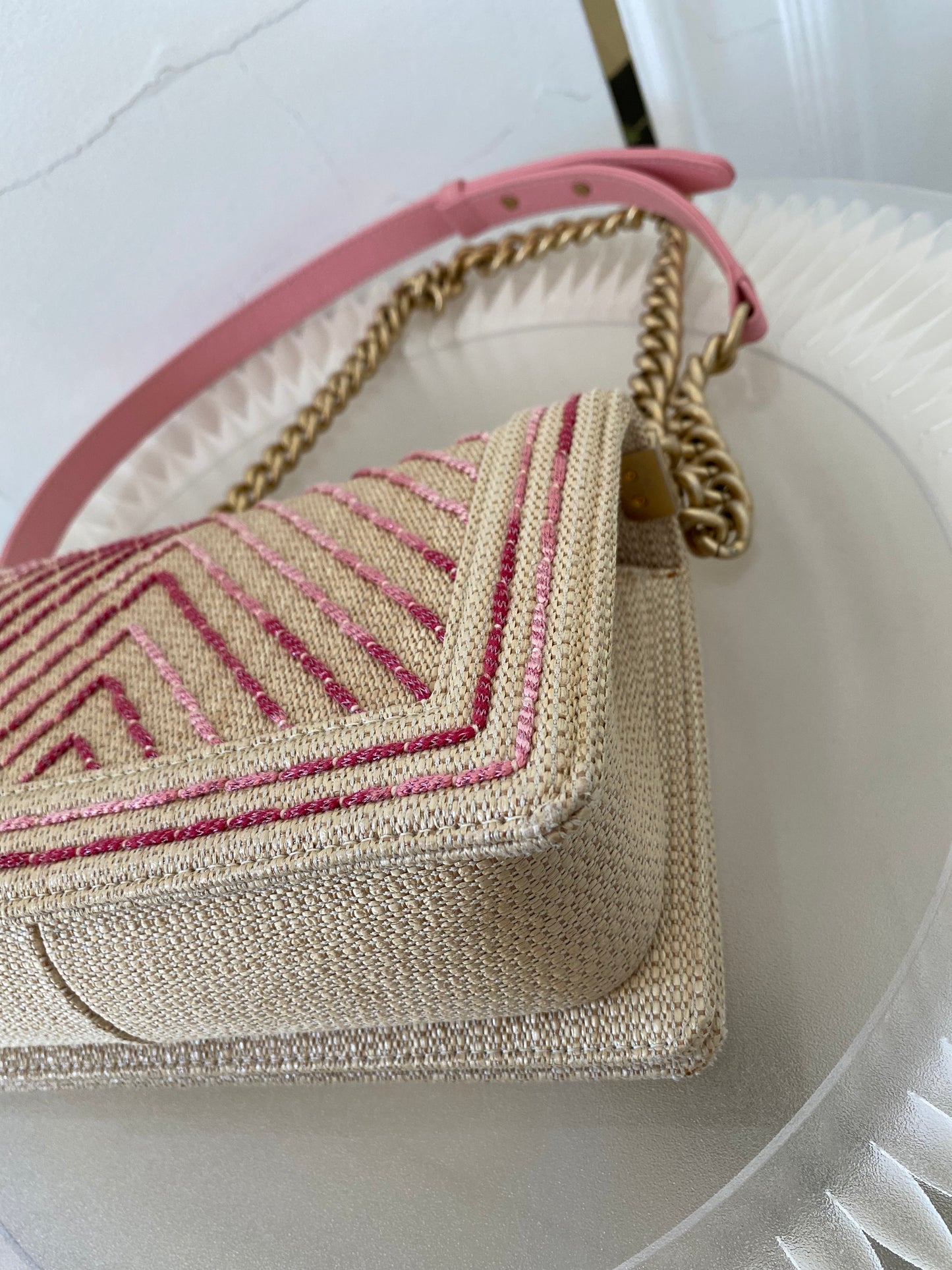 Chanel Leboy Old Medium Chevron Raffia & Leather in Beige/Pink w/ARGHW