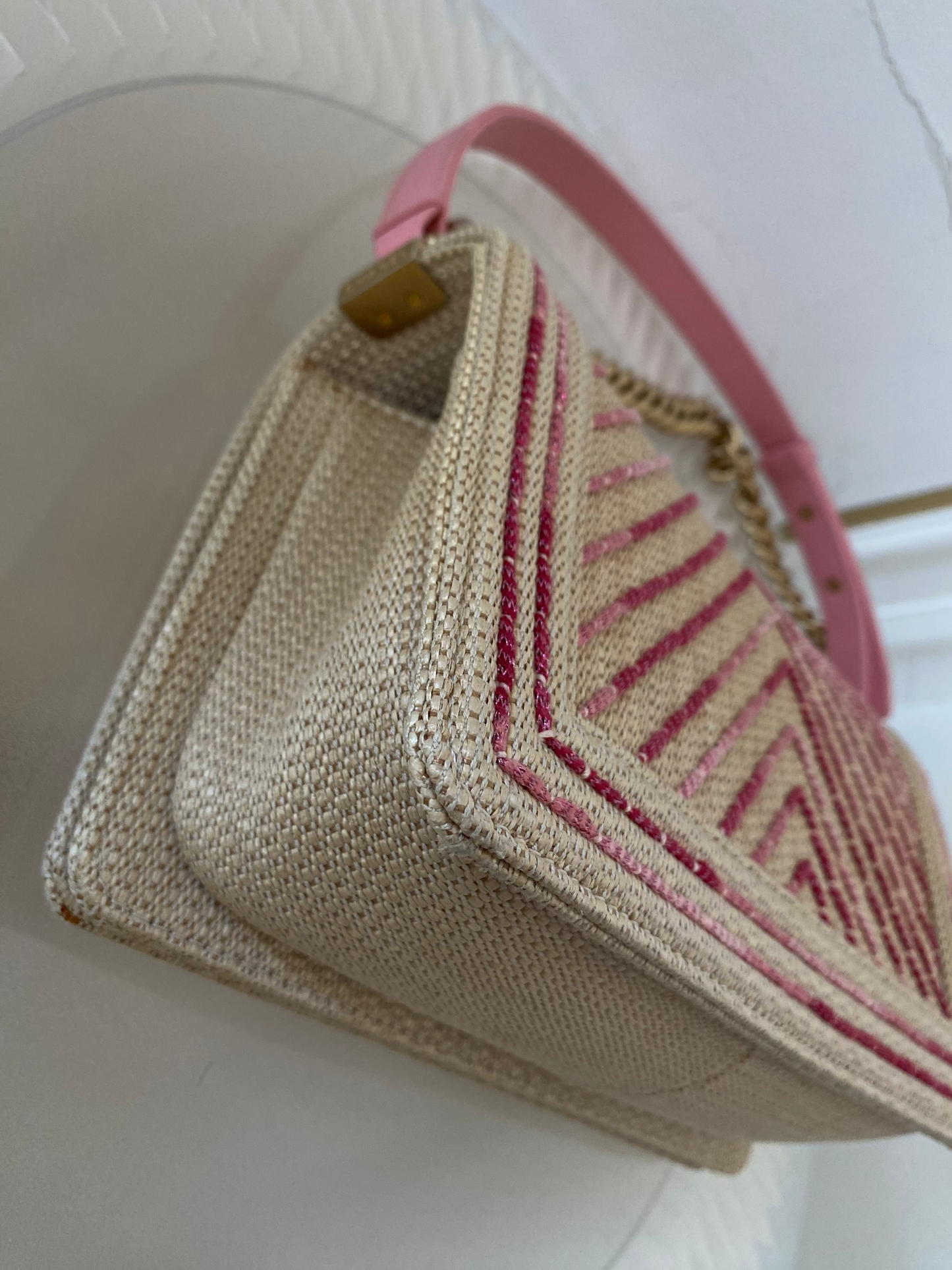 Chanel Leboy Old Medium Chevron Raffia & Leather in Beige/Pink w/ARGHW