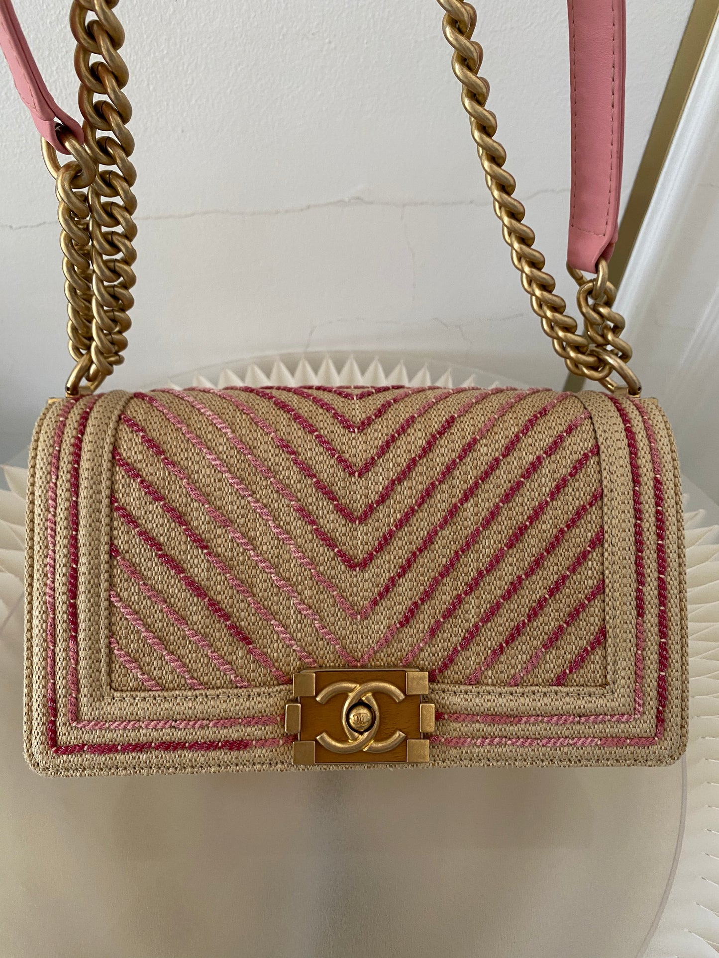 Chanel Leboy Old Medium Chevron Raffia & Leather in Beige/Pink w/ARGHW