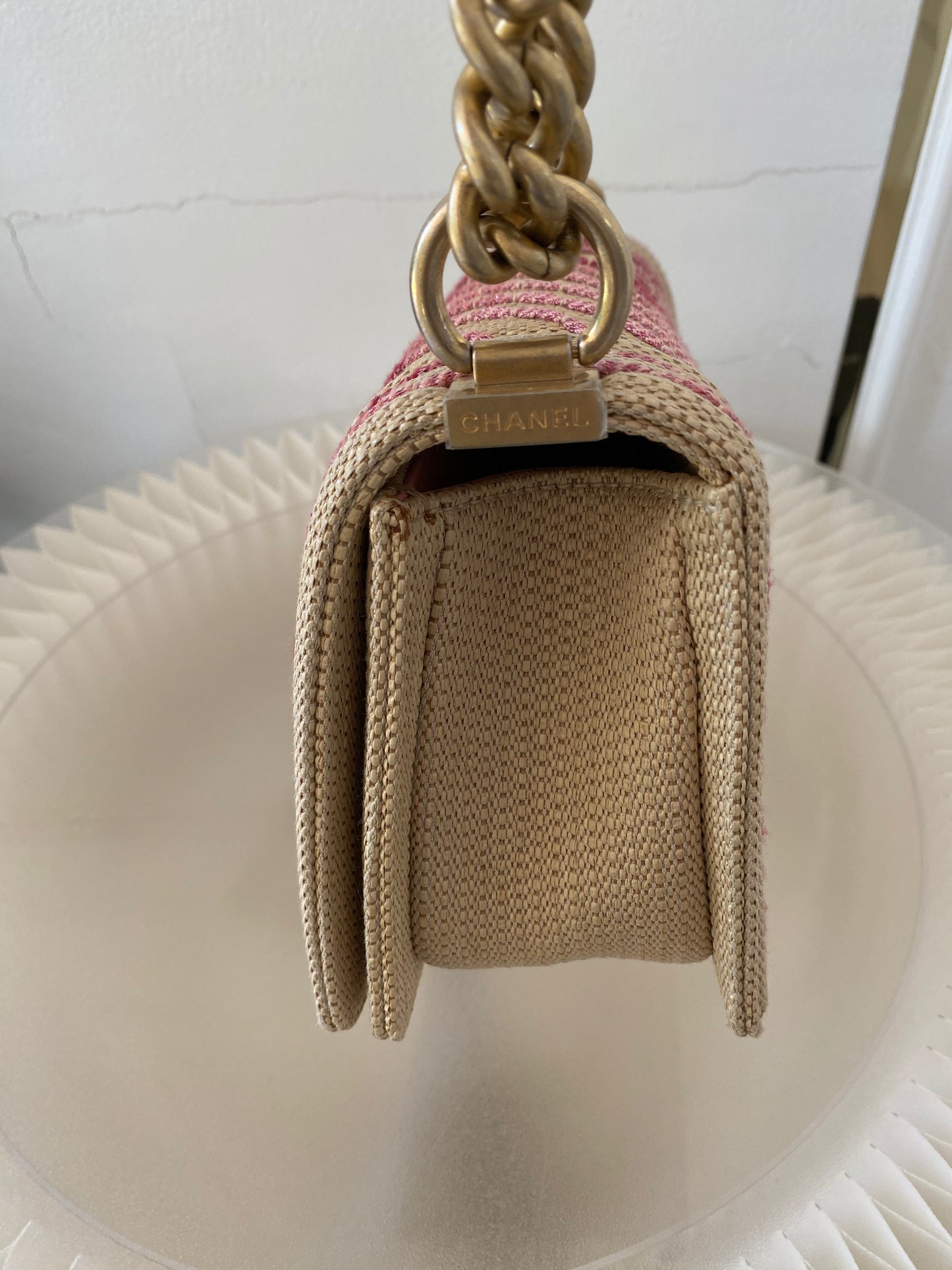 Chanel Leboy Old Medium Chevron Raffia & Leather in Beige/Pink w/ARGHW