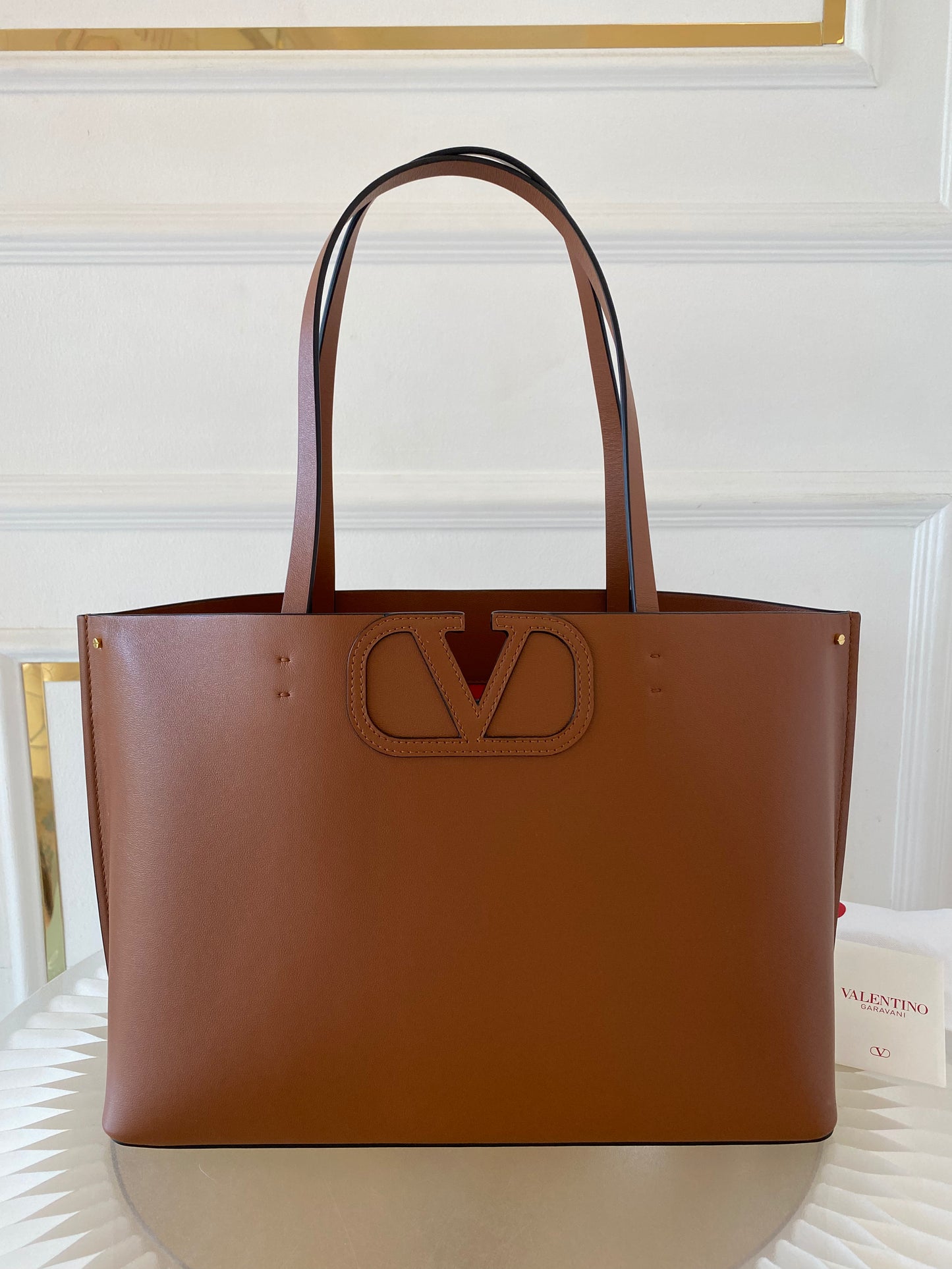 VLTN Fill Me Cognac Brown Calfskin Leather Tote Bag