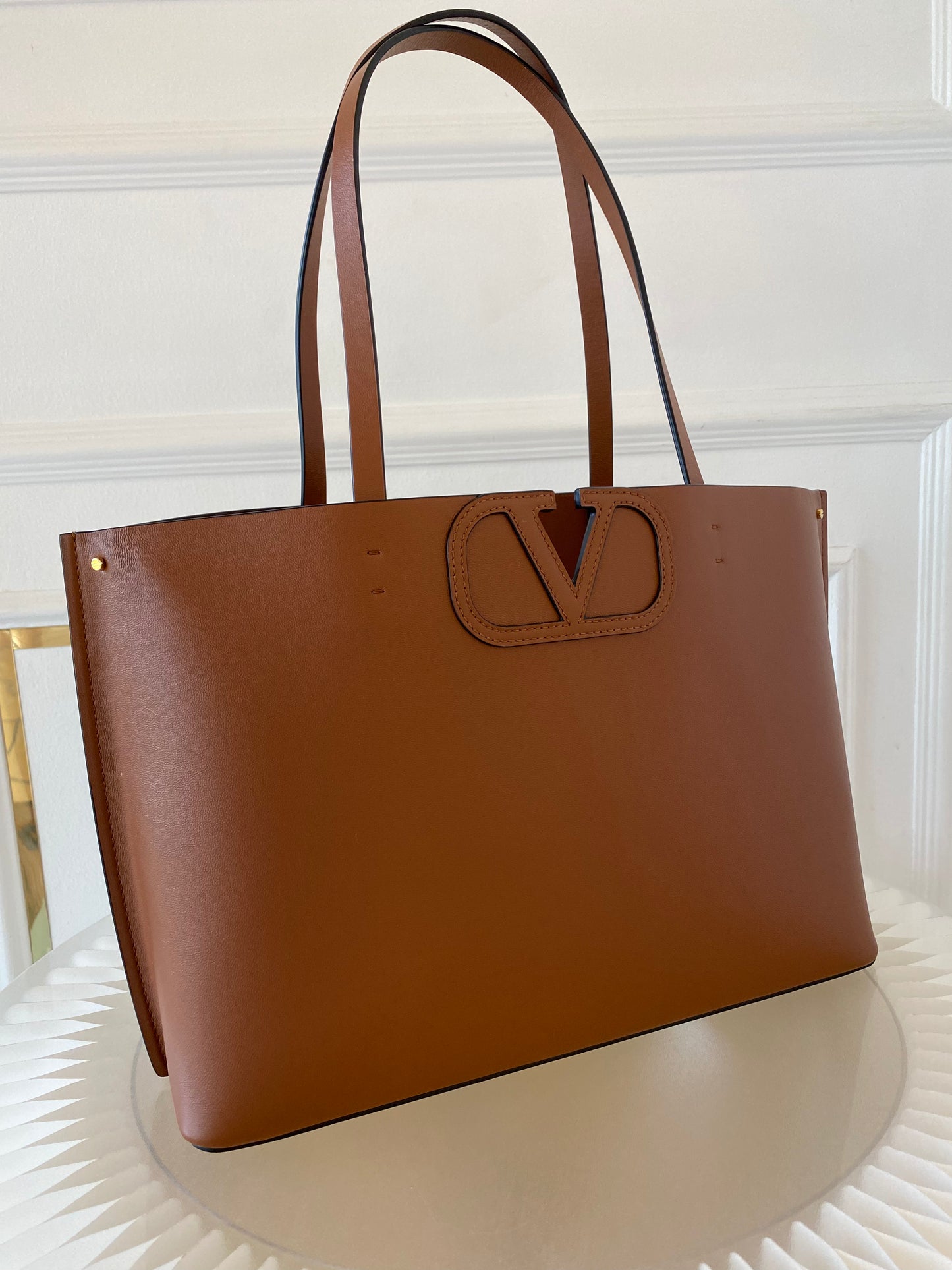 VLTN Fill Me Cognac Brown Calfskin Leather Tote Bag