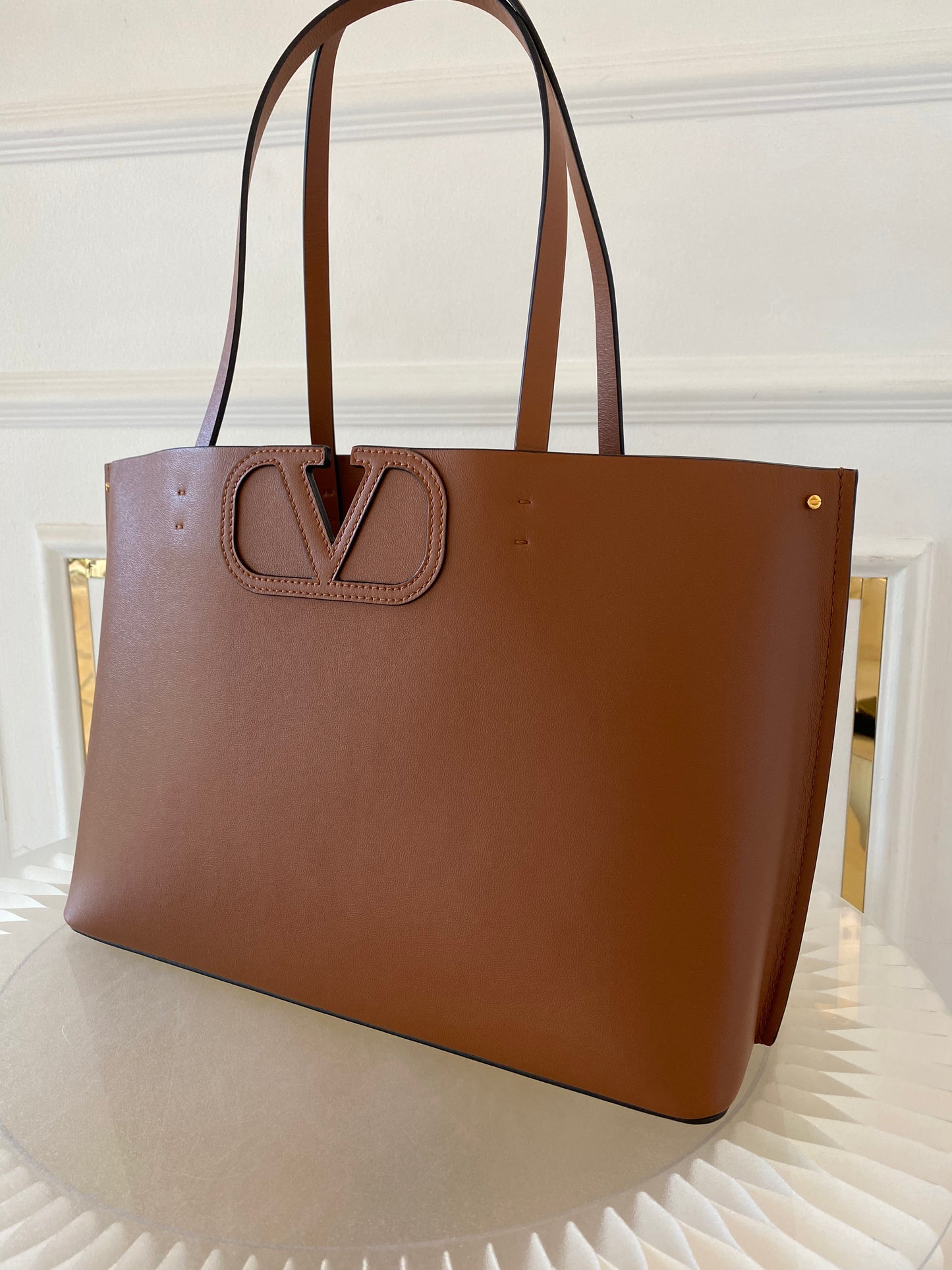 VLTN Fill Me Cognac Brown Calfskin Leather Tote Bag