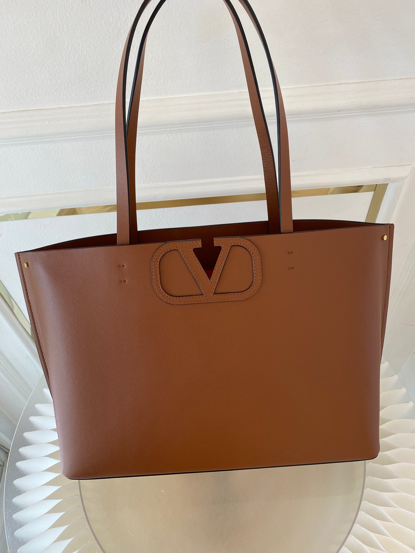 VLTN Fill Me Cognac Brown Calfskin Leather Tote Bag