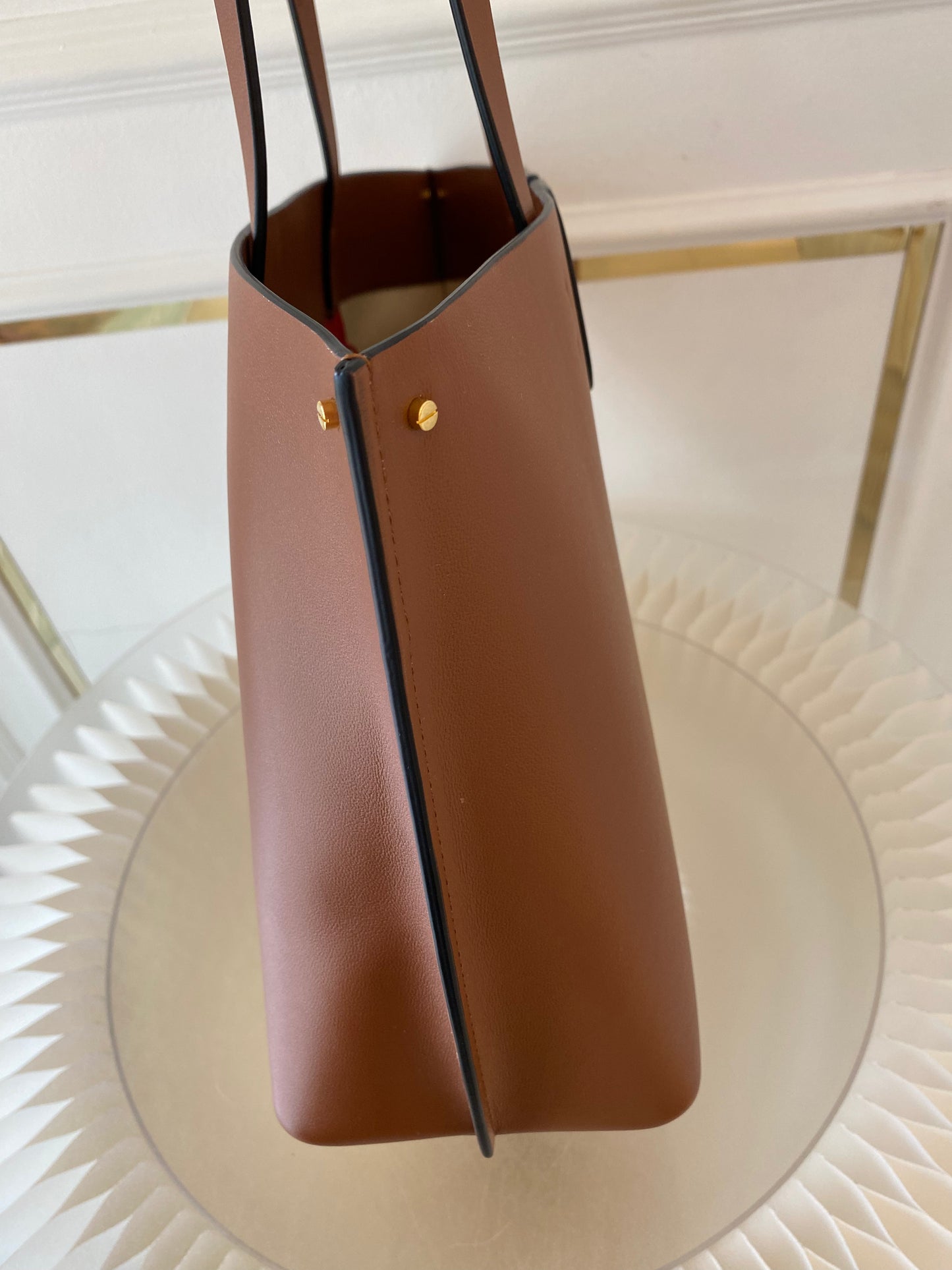 VLTN Fill Me Cognac Brown Calfskin Leather Tote Bag